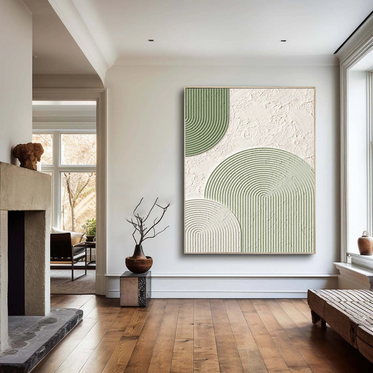 Sage Arch Motif Contemporary Wall Art Hand Painted Green Cream Geometric Home Decor Organic Modern Artwork
