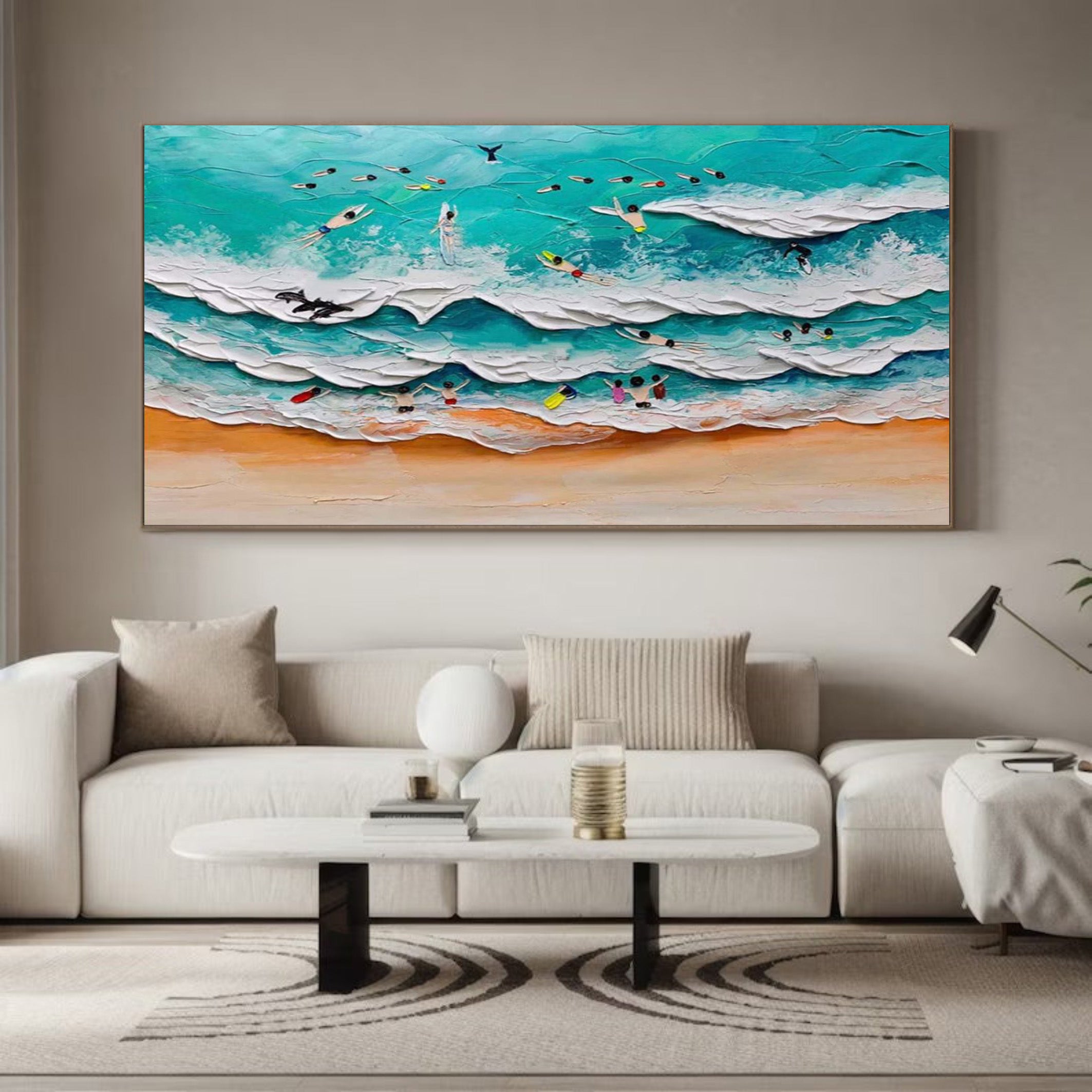 Bold Impasto Surfers, Energetic Beach Wall Painting #BGA 154