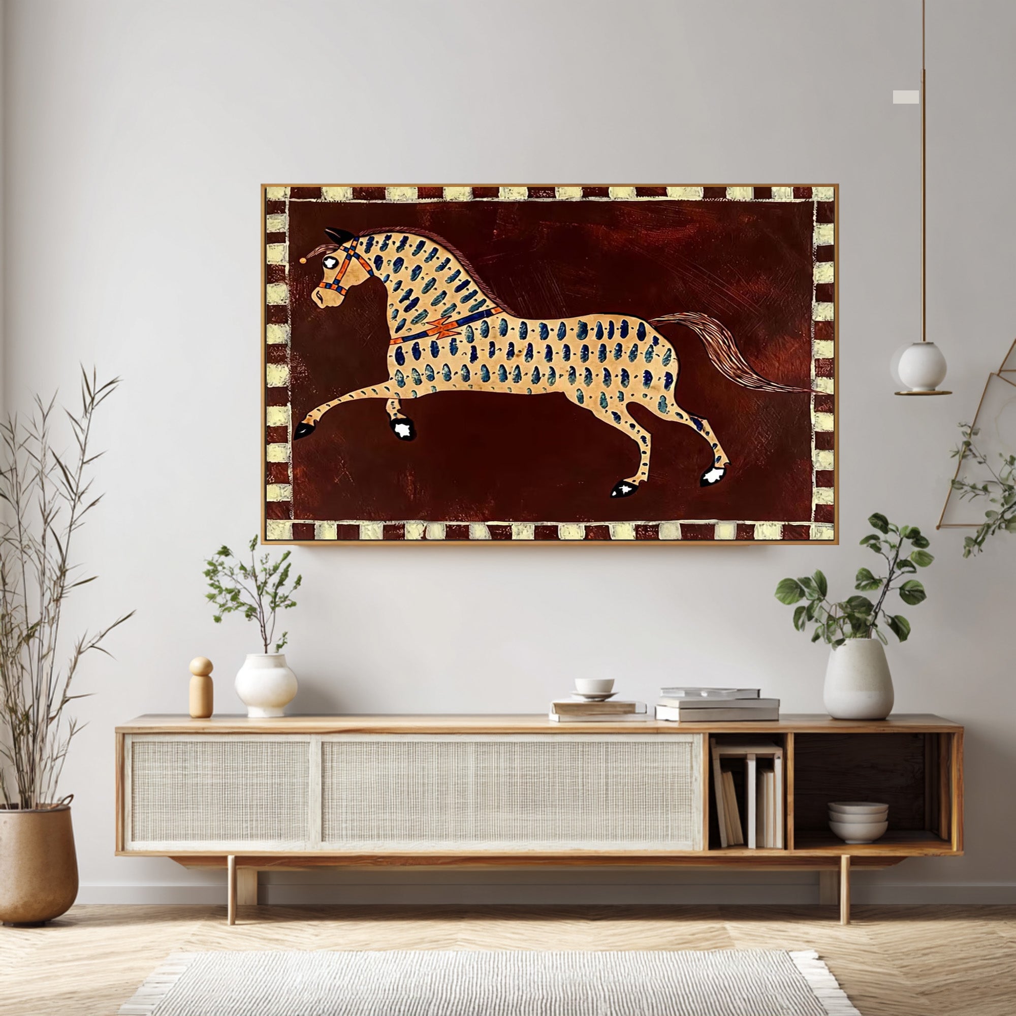 Large Folk Horse Wall Art Colorful Equestrian Canvas Painting | ArtvistaGallery