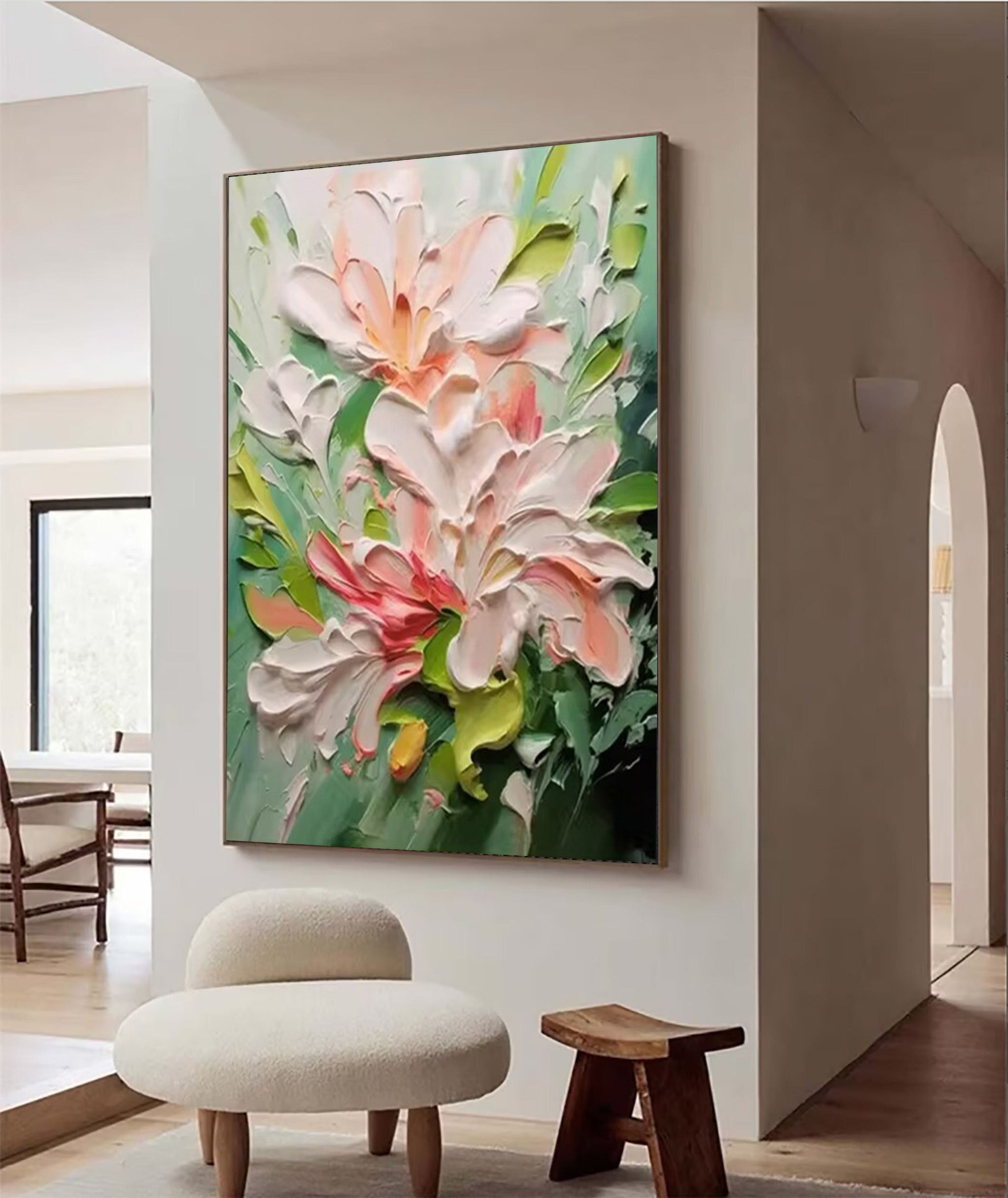 Textured Bloom: 3D Impasto Flower Art, Pink Green Palette #BGA 122