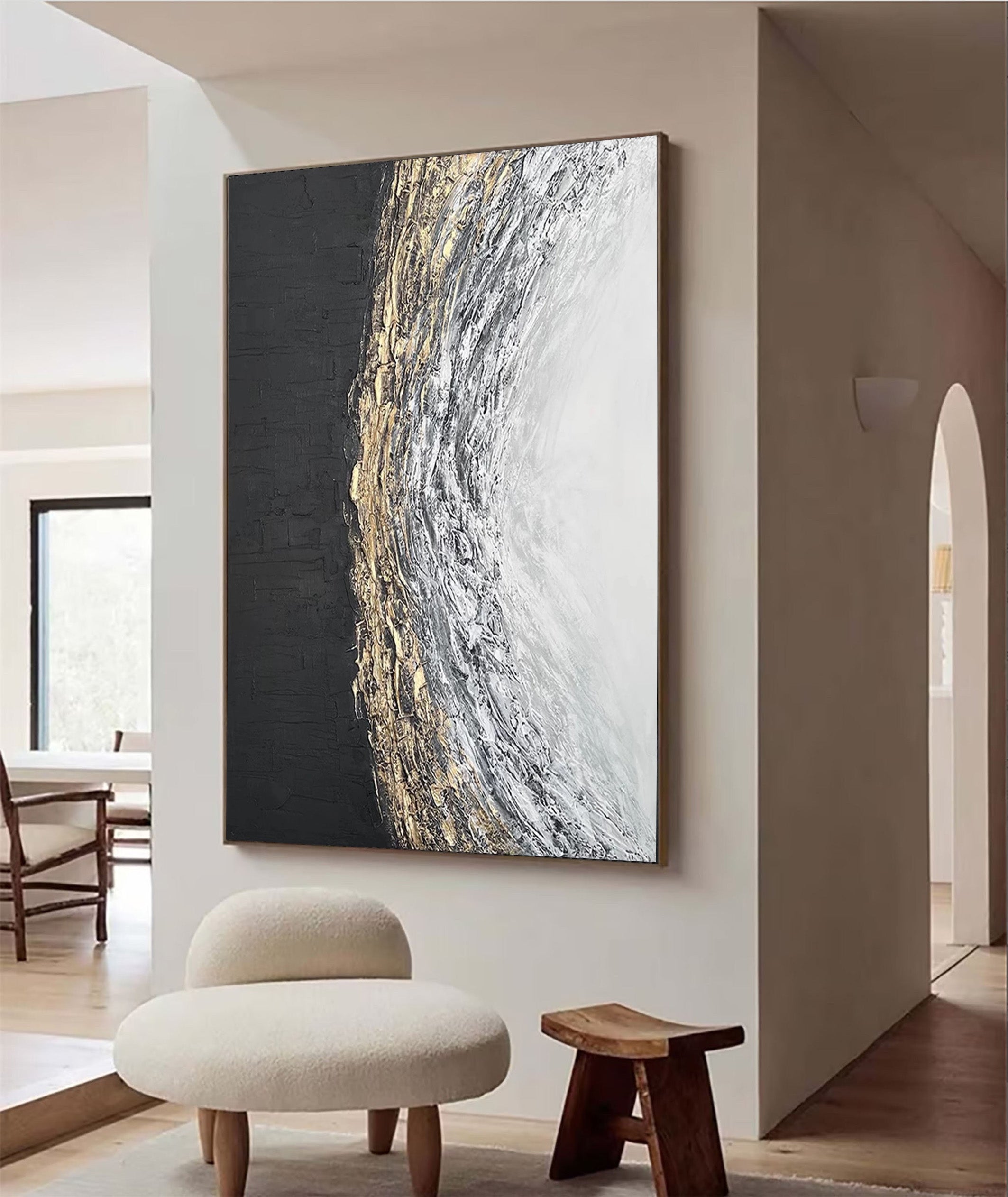 Lunar Divide: Abstract Textured Art, Gold Accent Canvas #BGA 117