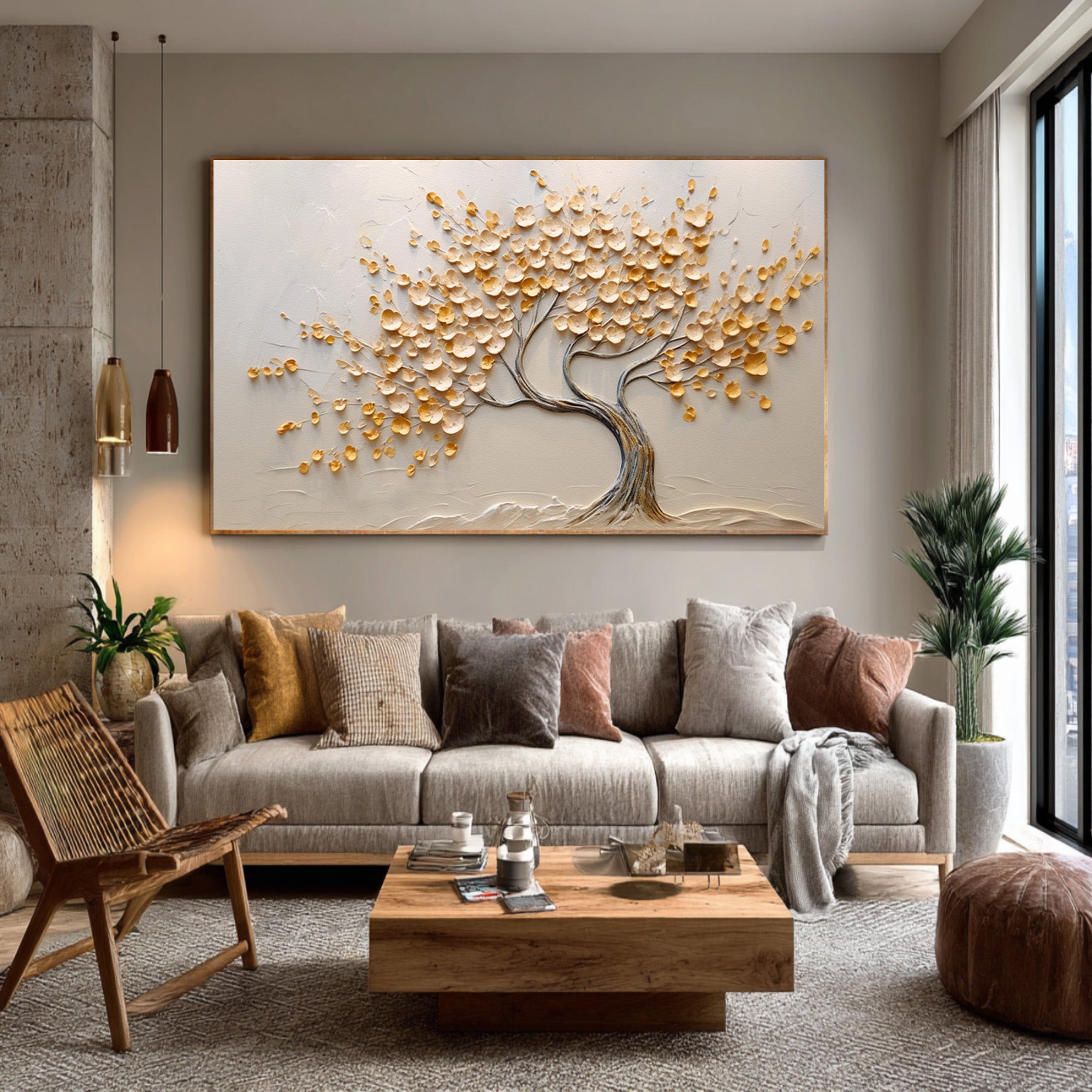 Textured Tree Painting White Impasto Leaves Wall Art #WG 091
