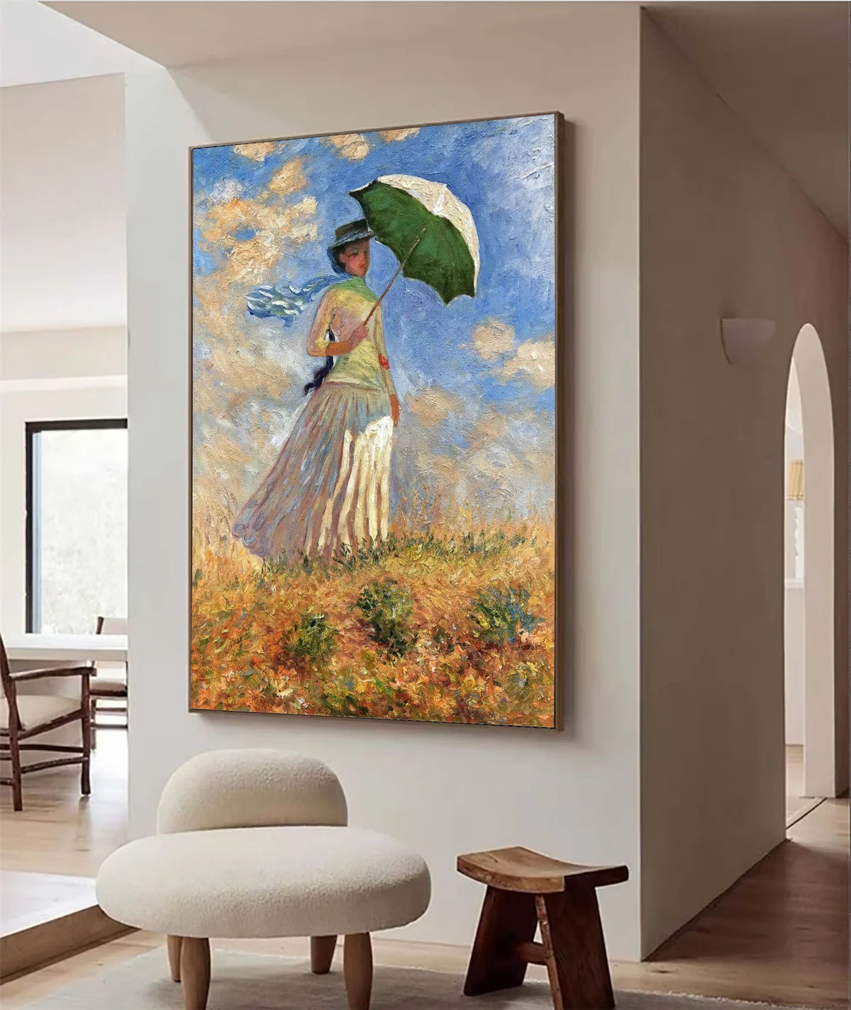 Afternoon Light Across The Meadow Impressionist Painting Woman Parasol Landscape Wall Art