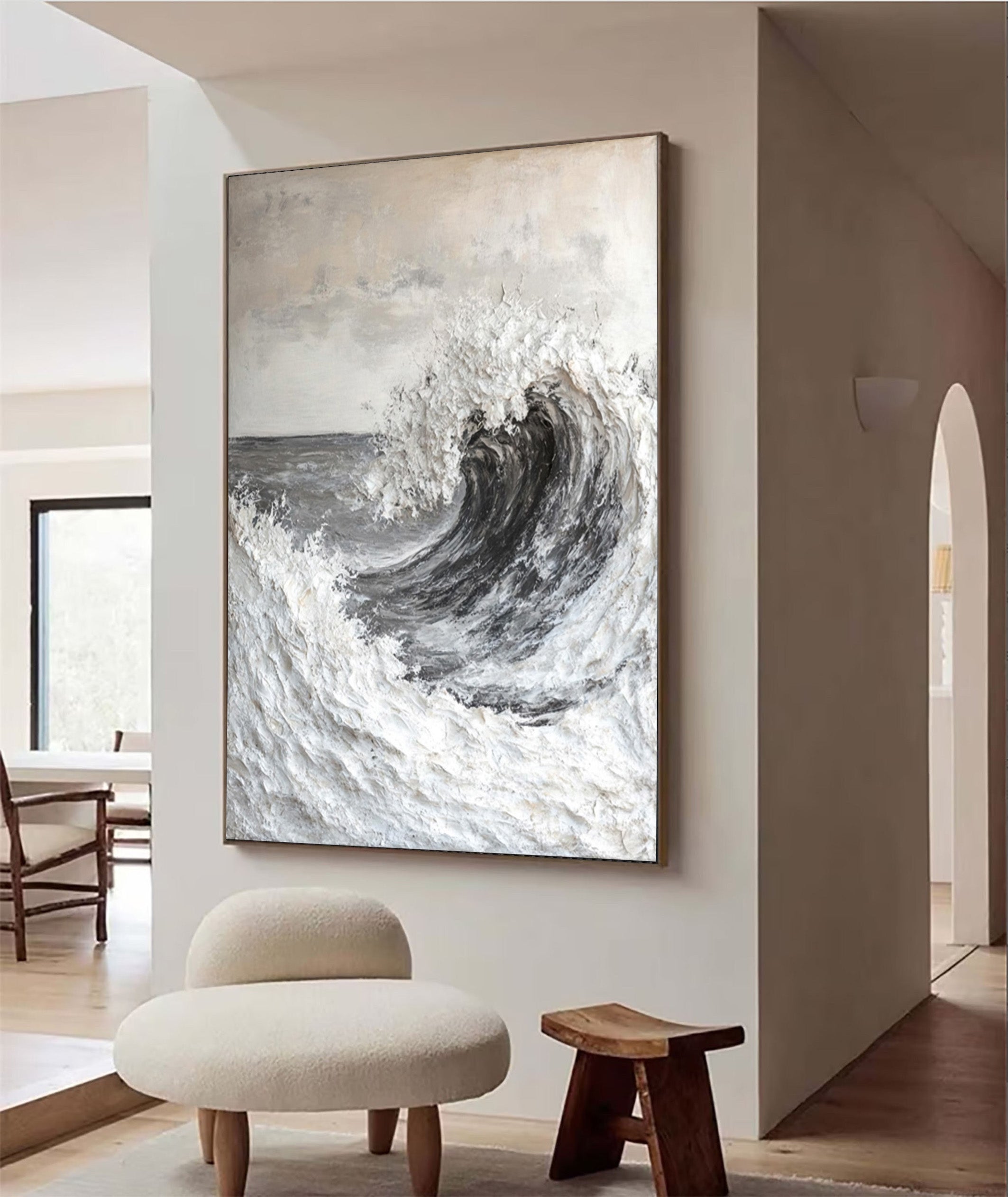 Textured Ocean Wave Wall Painting in Grayscale Impasto #BGA 201