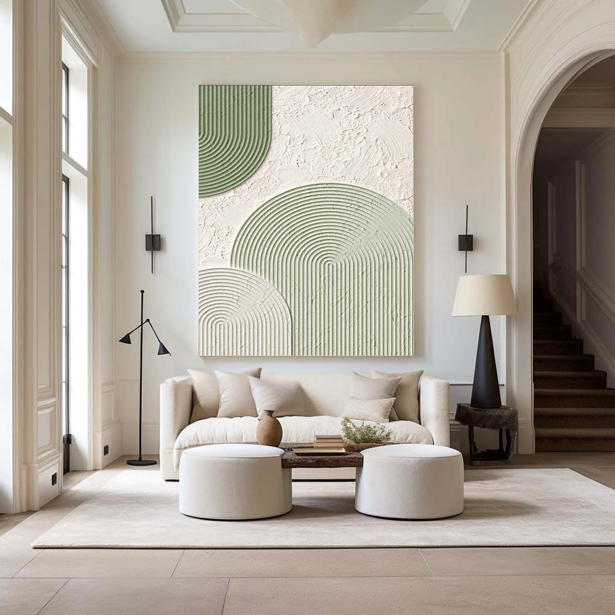 Sage Arch Motif Contemporary Wall Art Hand Painted Green Cream Geometric Home Decor Organic Modern Artwork