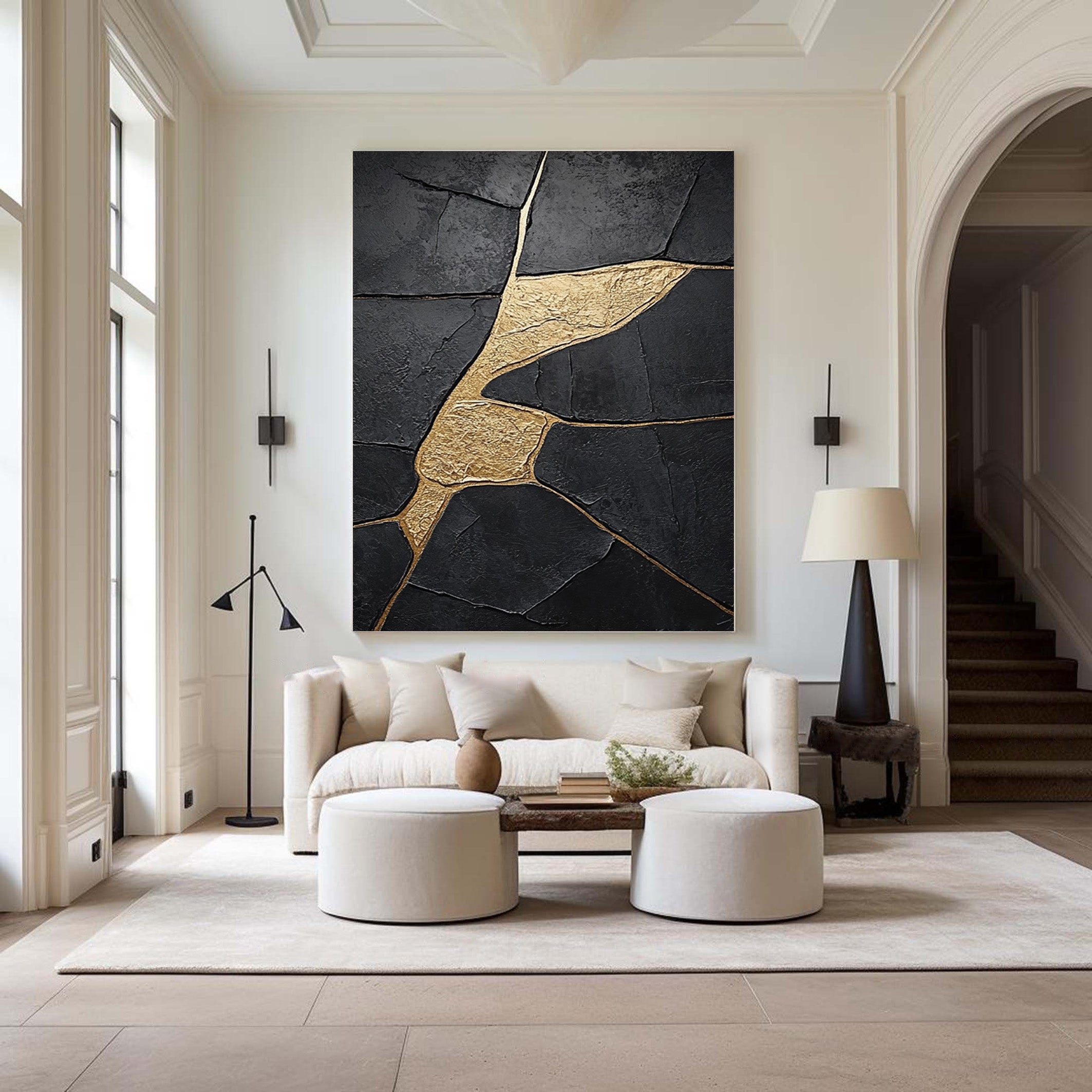 Modern Abstract Canvas with Textured Black and Gold Shapes #BGA 190