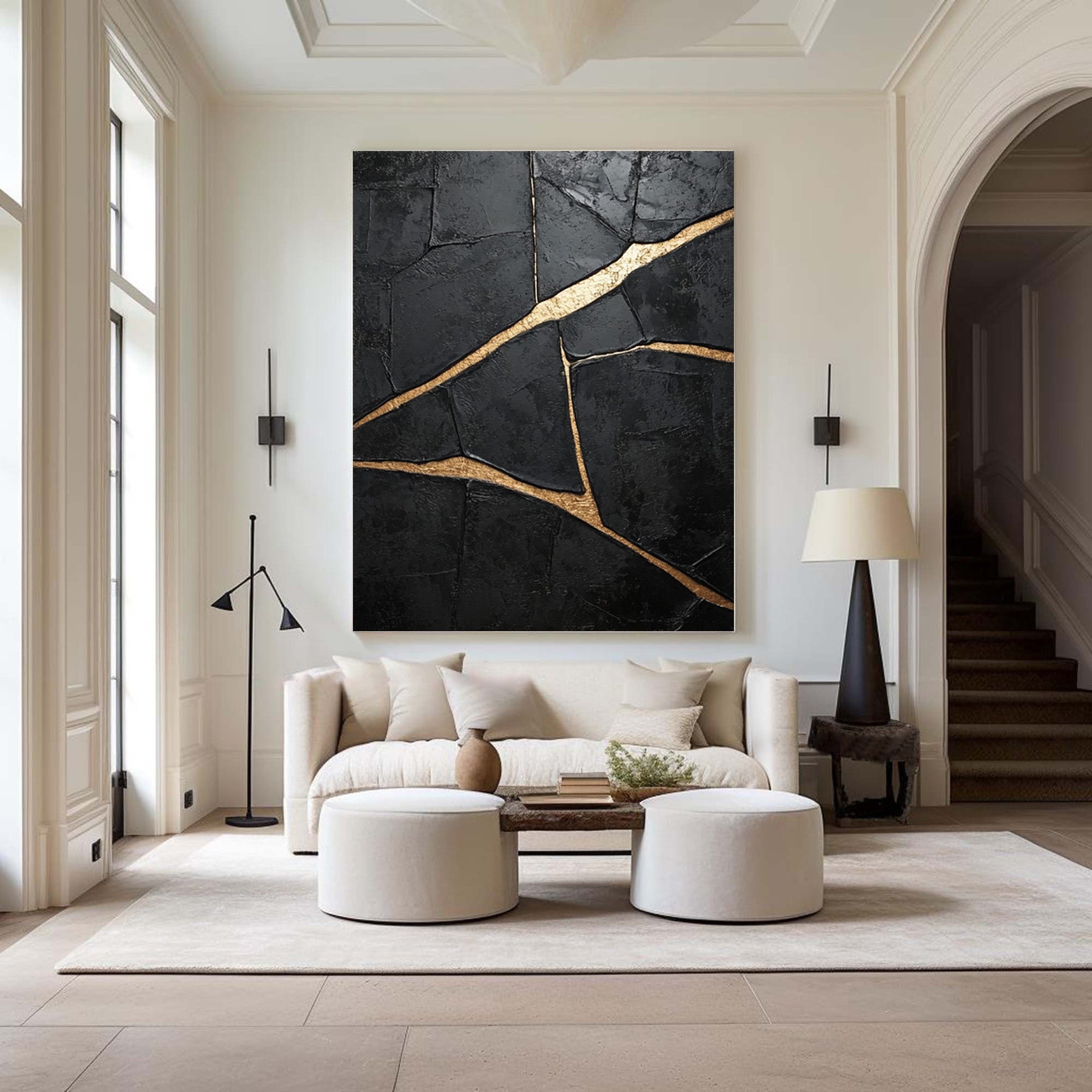 Heavily Textured Black Art with Gold Seams, Modern Canvas #BGA 183