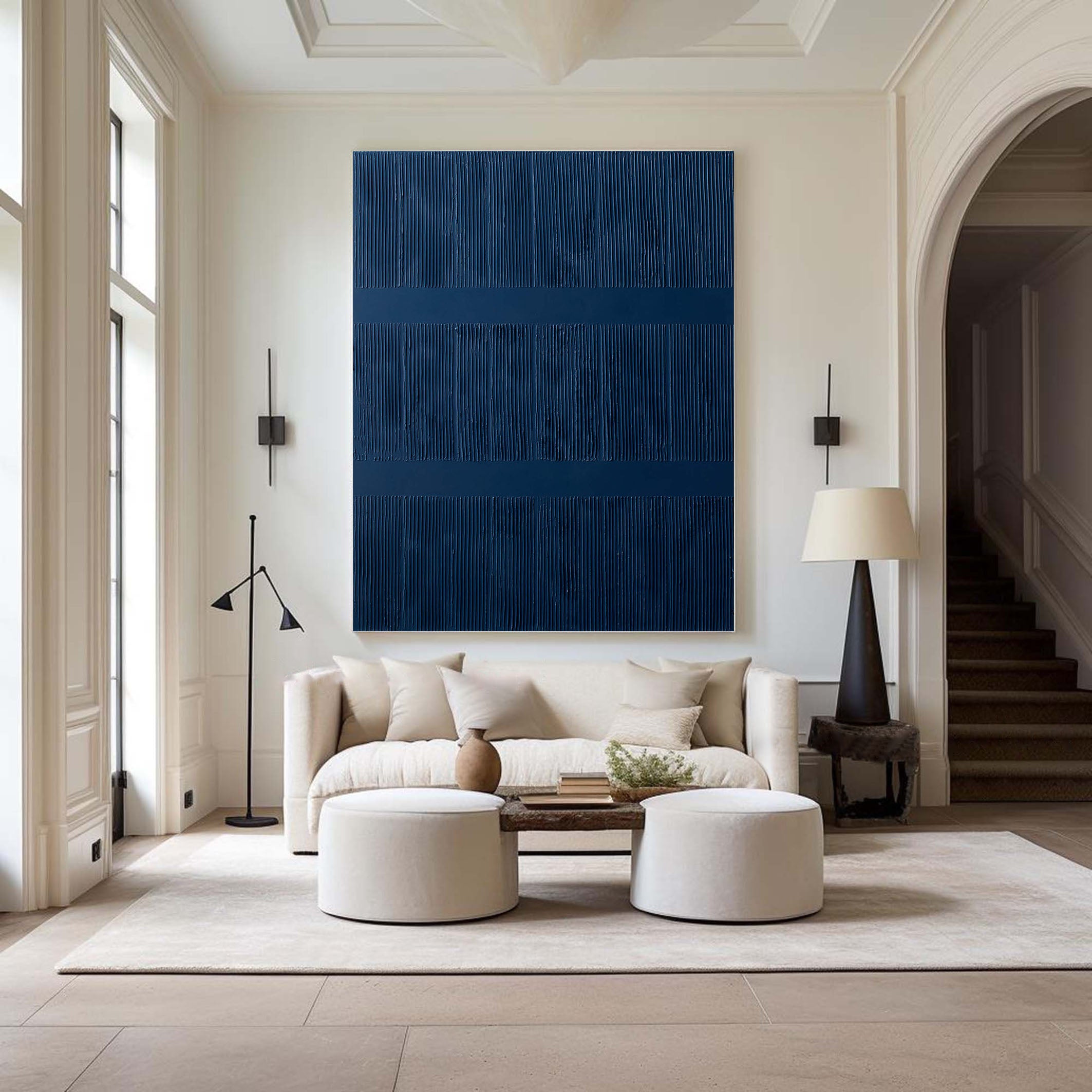 Textured Blue Abstract Minimalist Canvas With Vertical Lines #BGA 040