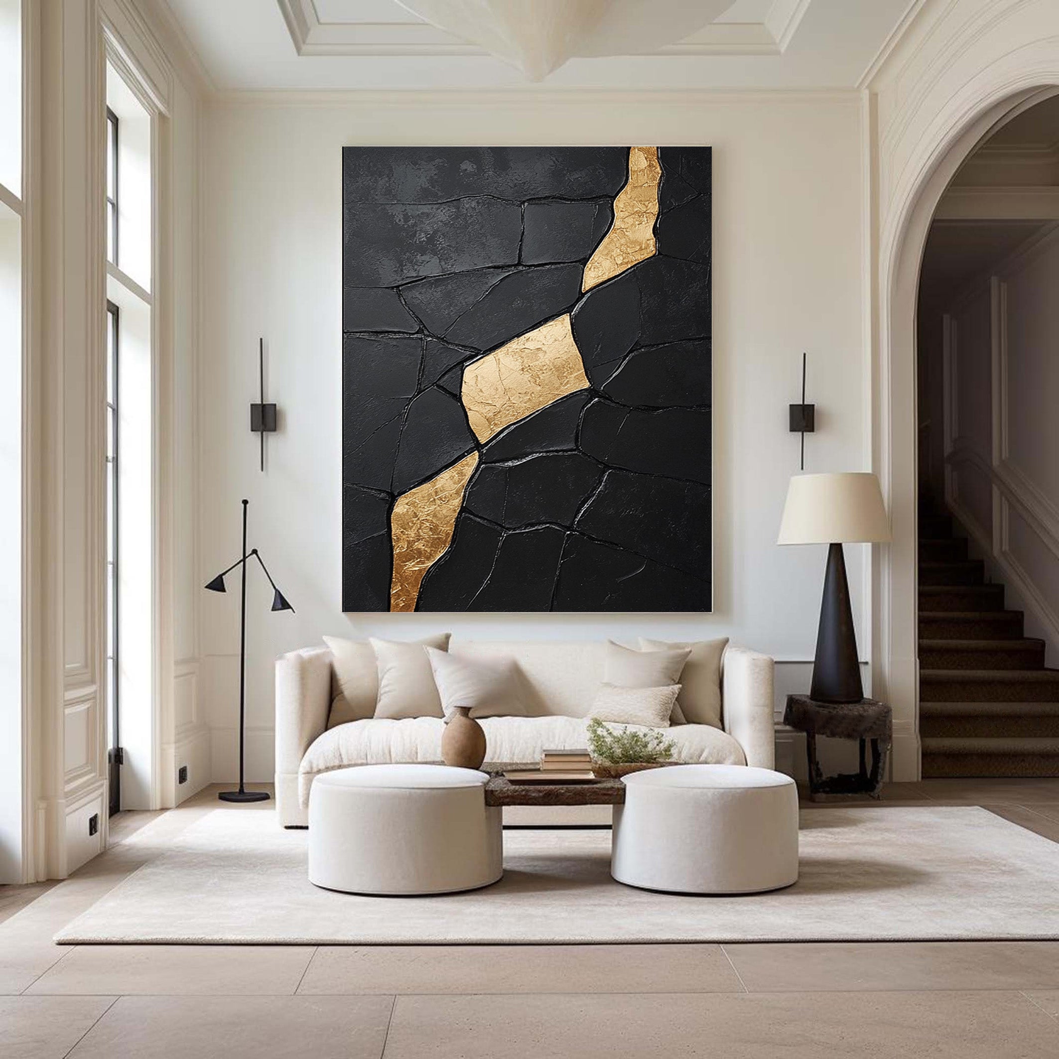 Large Textured Black Abstract with Diagonal Gold Divide #BGA 192
