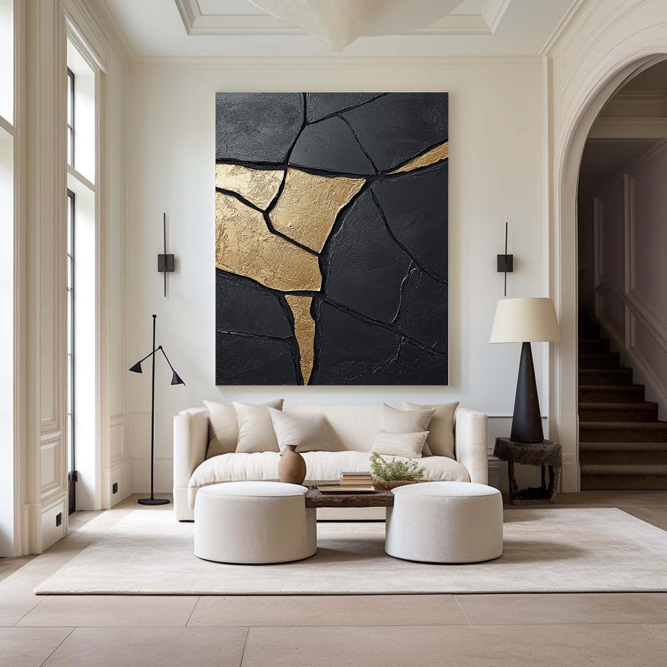 Large Contemporary Black Impasto Art with Organic Gold Shape #BGA 189