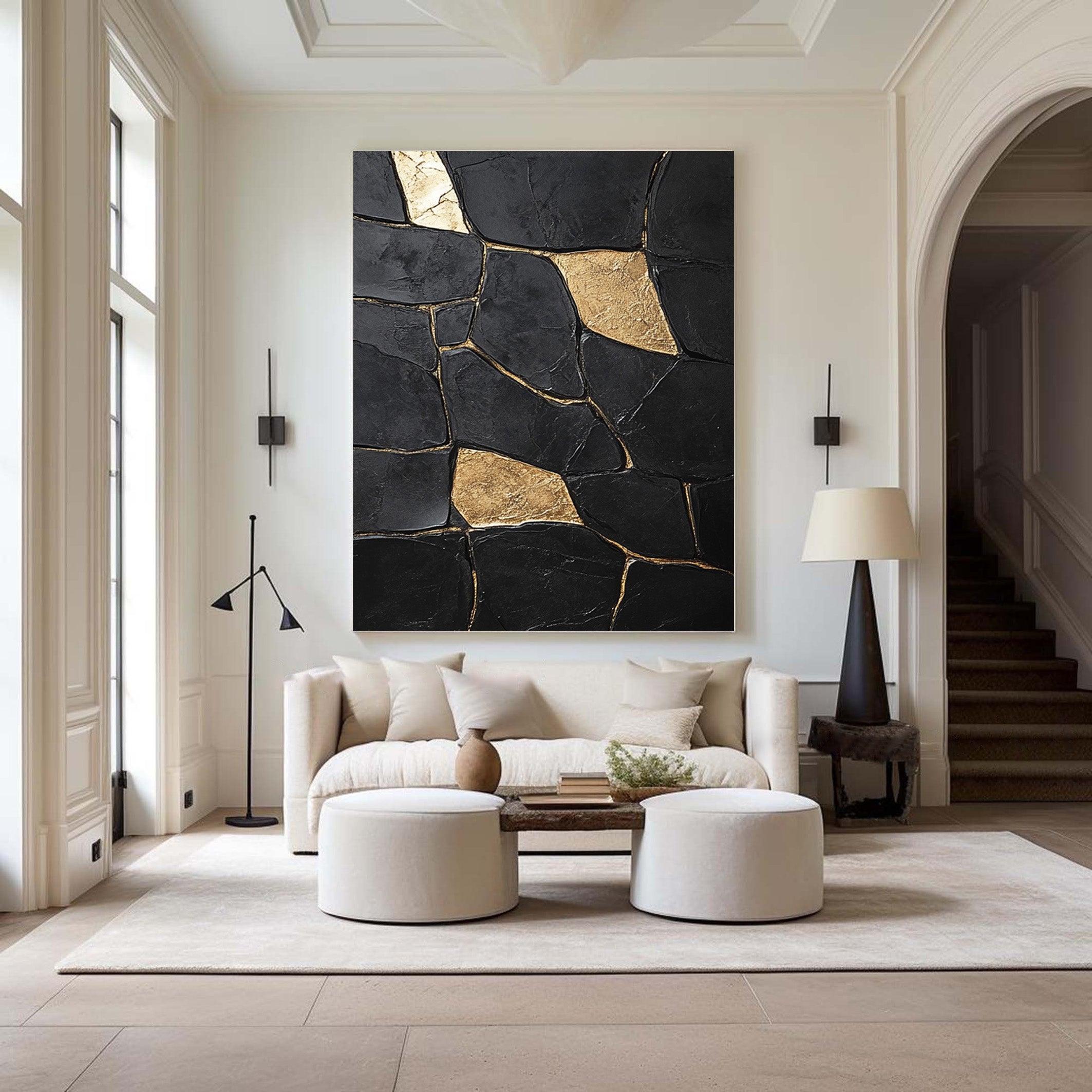 Large Black Impasto Art with Bold Geometric Gold Wall Decor #BGA 188