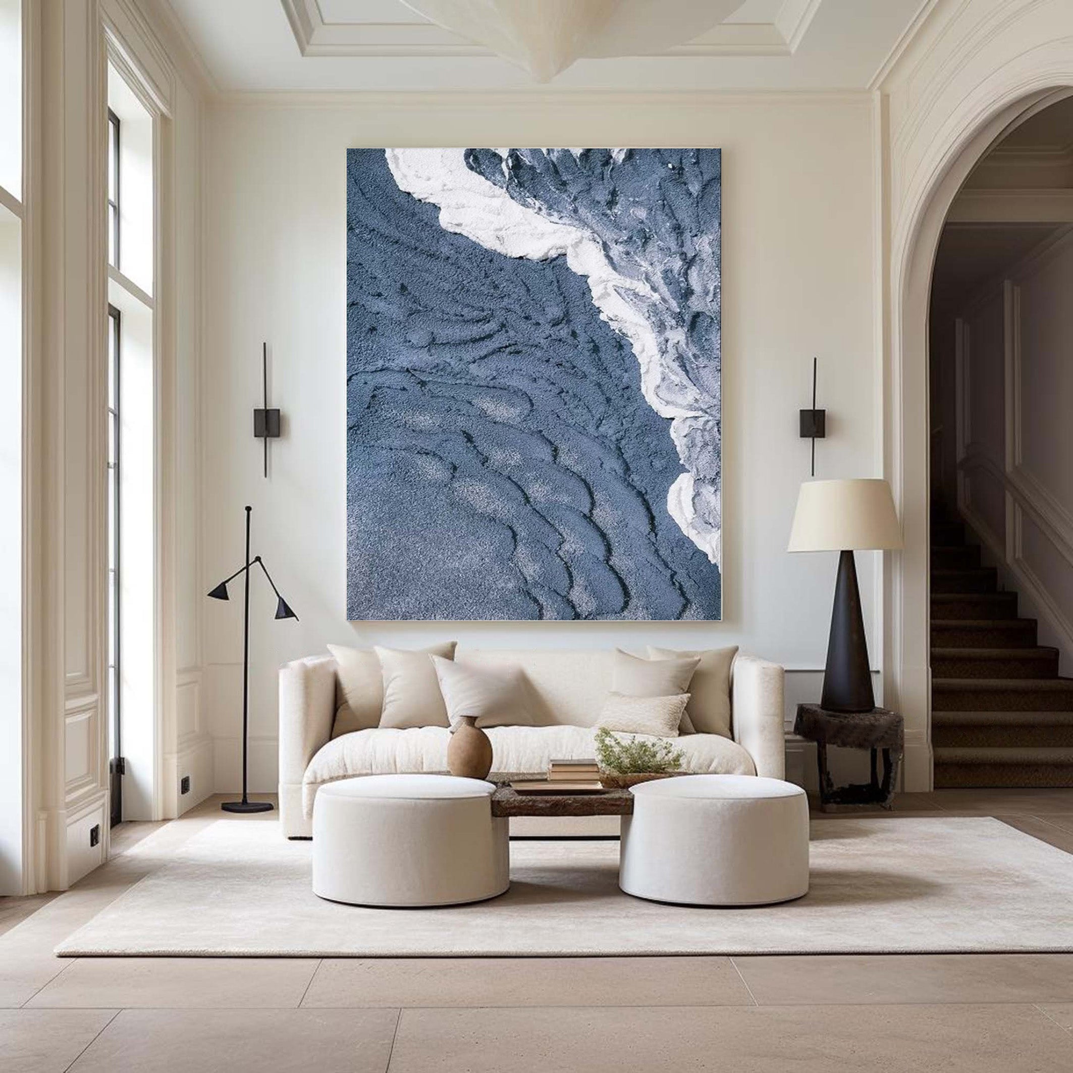 3D Textured Aerial Seascape, Minimalist Blue and White Art #BGA 164