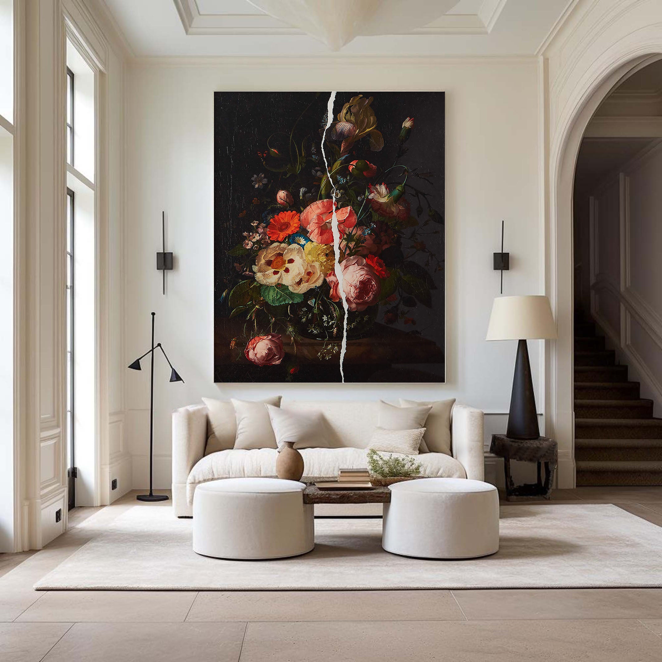 Flowers With White Crack, Large Contemporary Wall Art #BGA 043