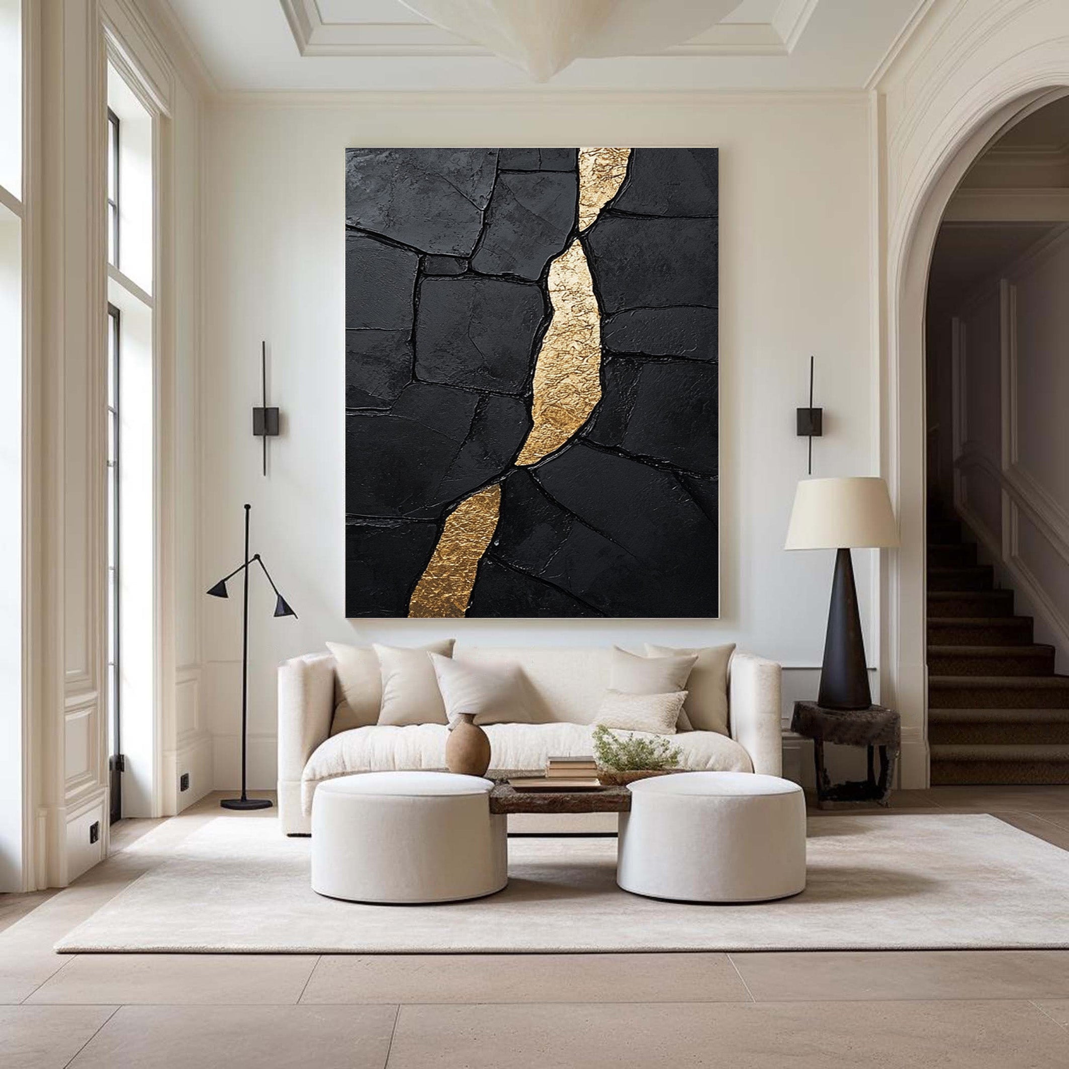 Black Impasto Canvas with Striking Vertical Organic Gold Shape #BGA 191