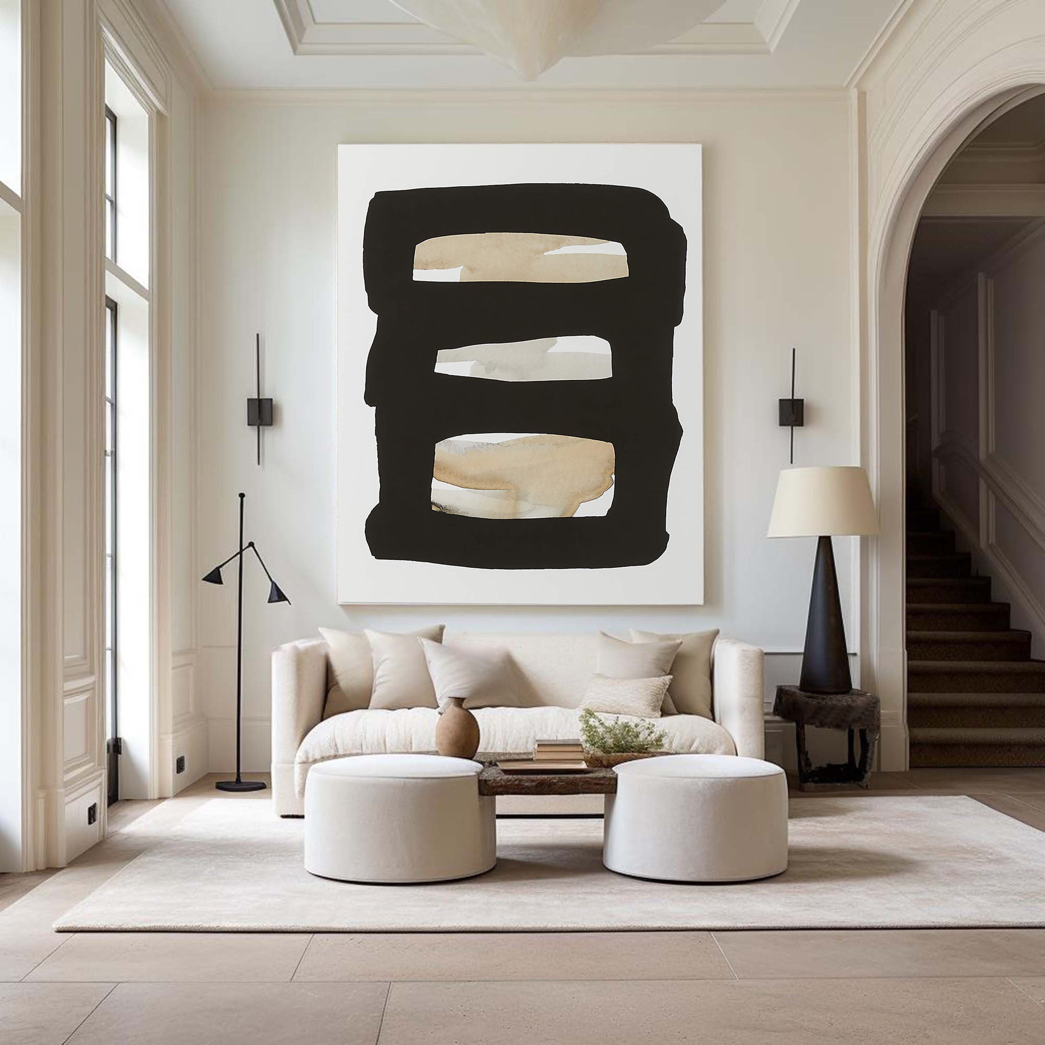 Black Frame with Beige and White Bands, Contemporary Canvas #BGA 050