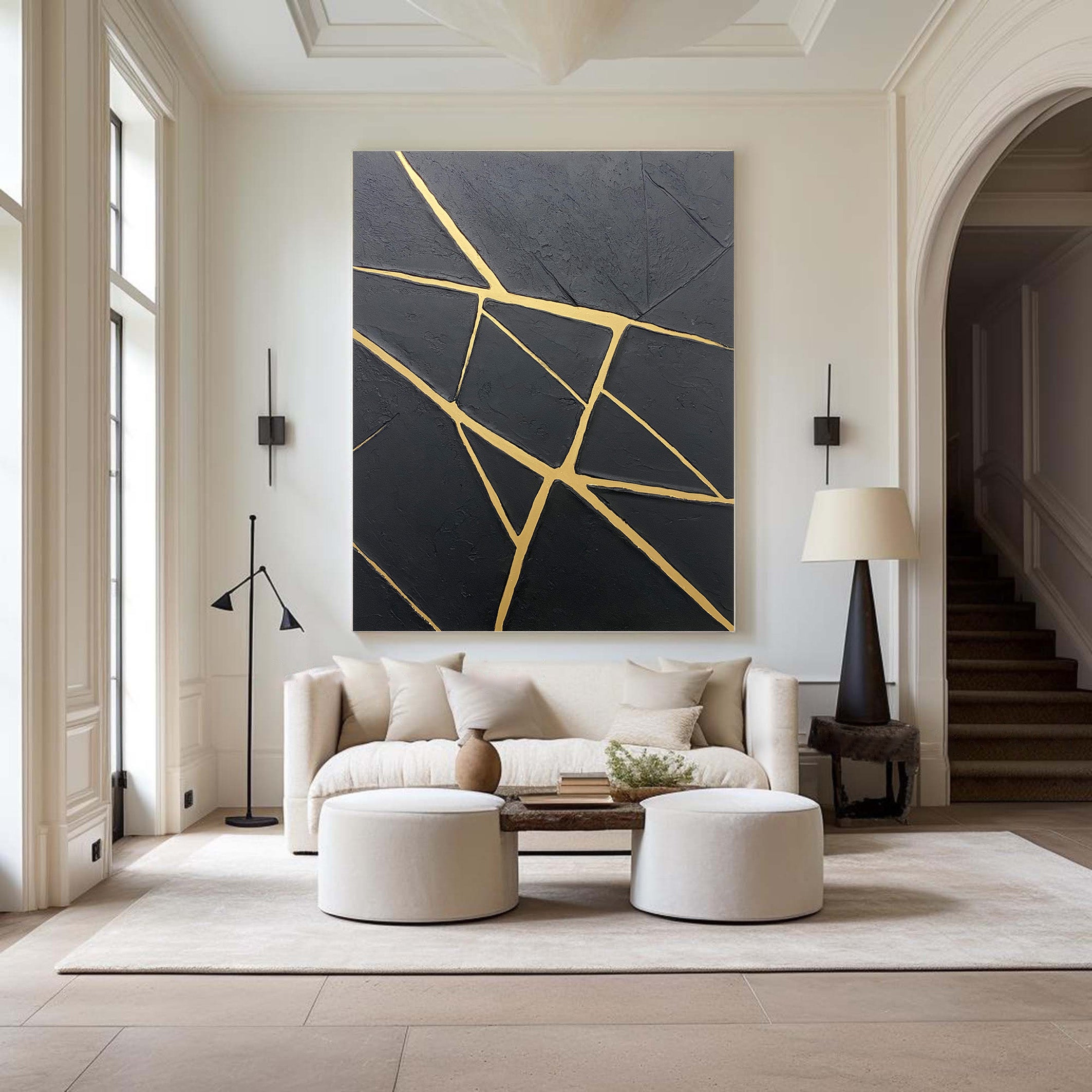 Modern Canvas with Textured Black and Geometric Gold Veins #BGA 195