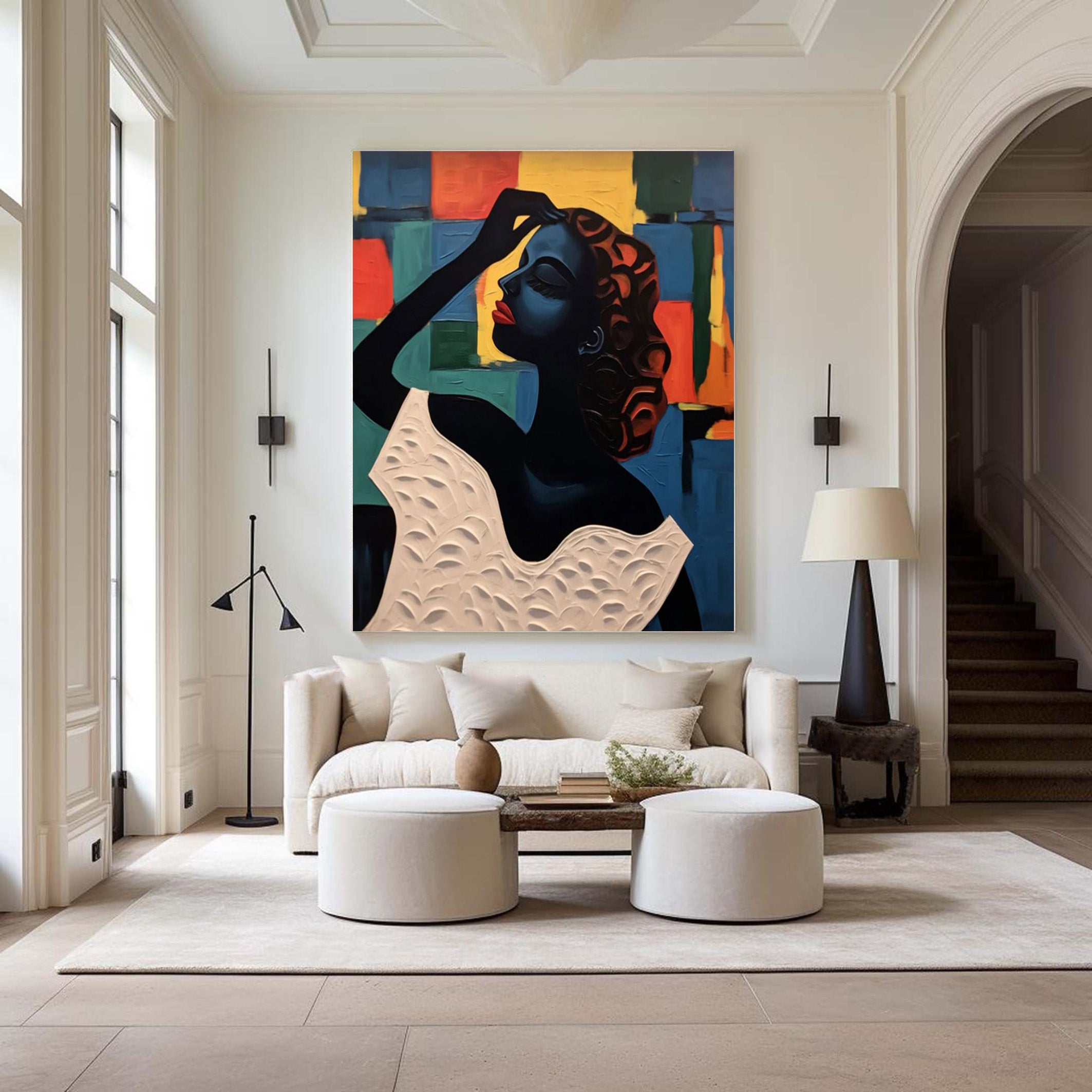 Elegant Portrait with Abstract Geometric Panels, Modern Art #BGA 175