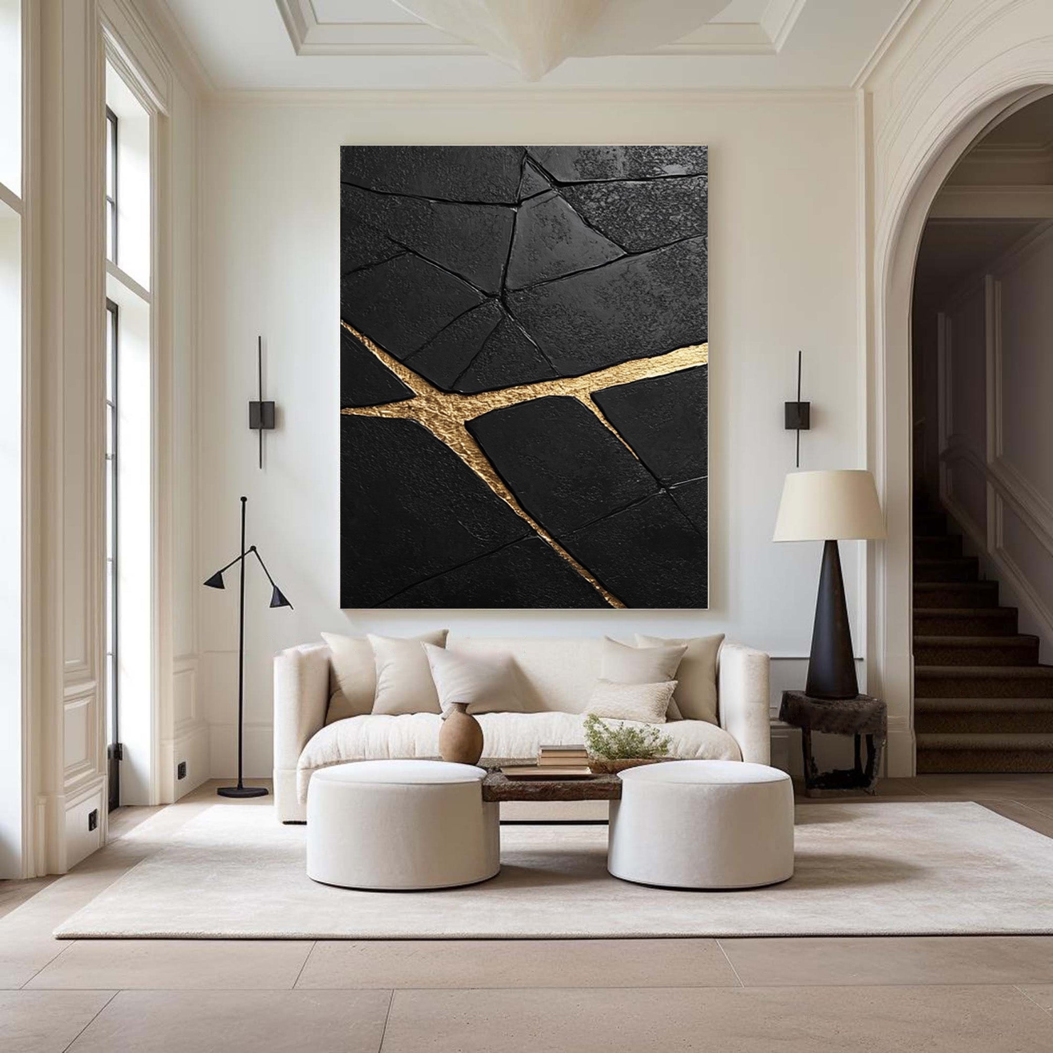 Modern Abstract with Deeply Textured Black and Gold Rivers #BGA 182