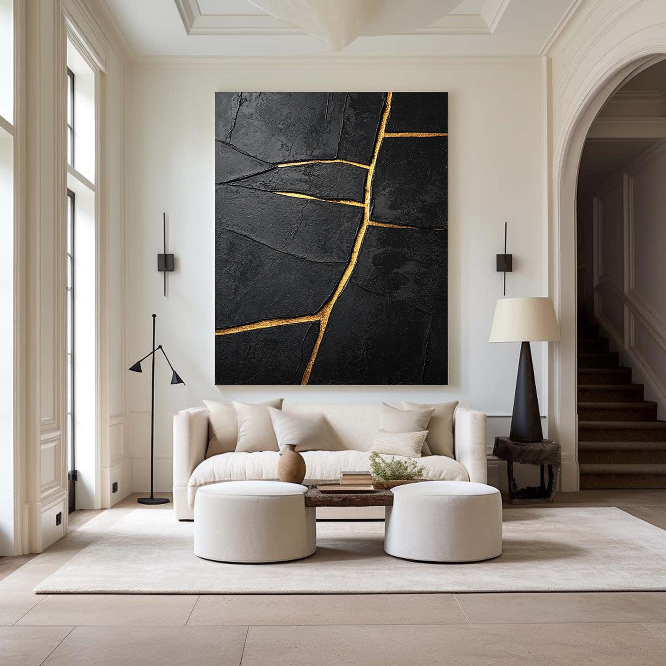 Modern Abstract with Deeply Textured Black and Gold Lines #BGA 186