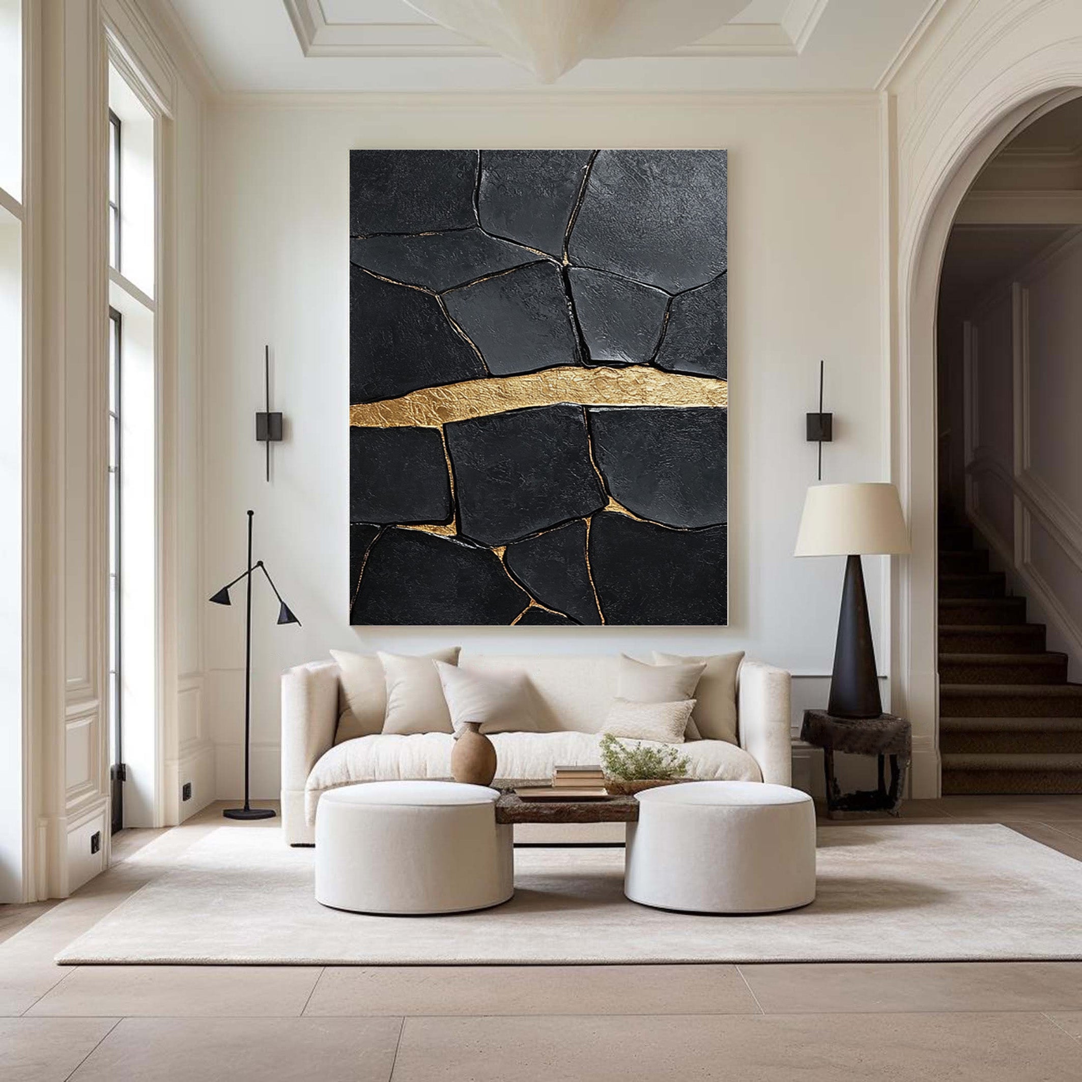 Black Impasto Art with a Bold Golden Fault, Textured Abstract #BGA 184