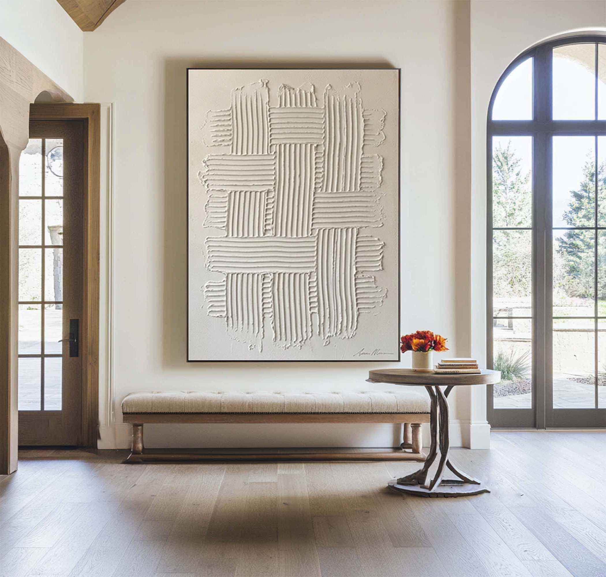 Large White Woven Texture Wall Art Minimalist Relief Canvas Painting