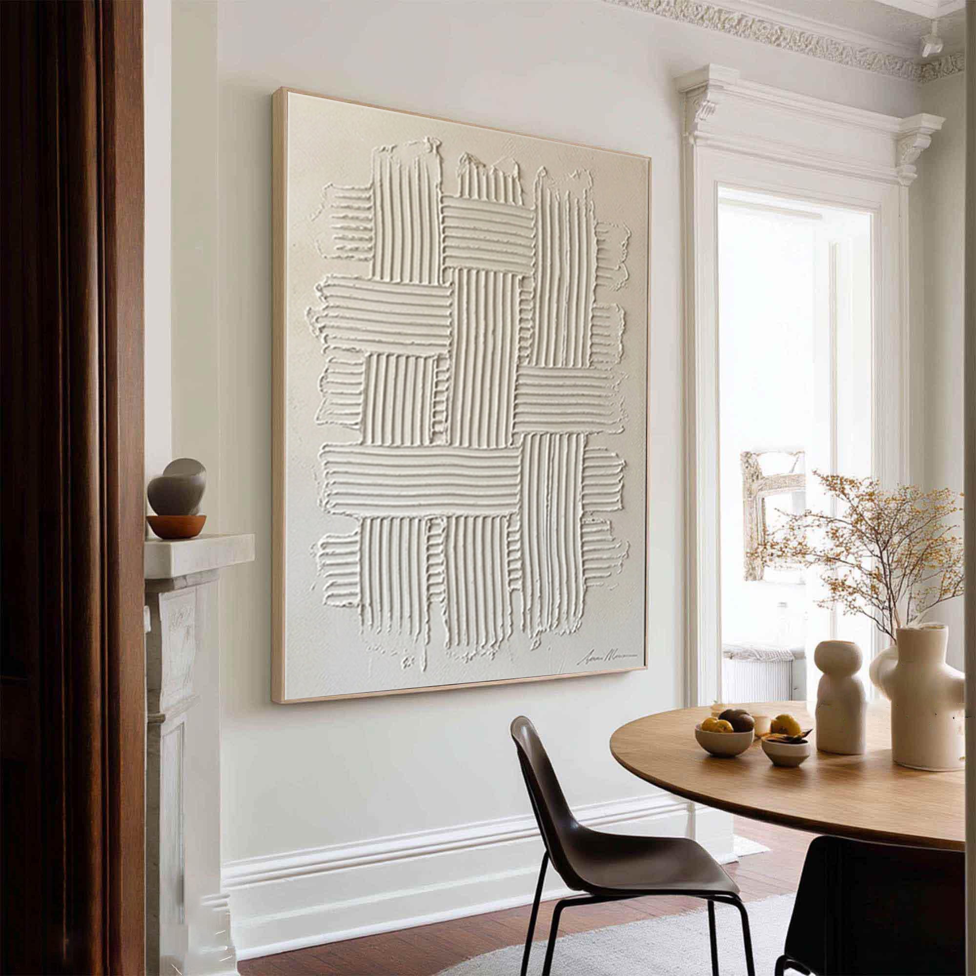 Large White Woven Texture Wall Art Minimalist Relief Canvas Painting