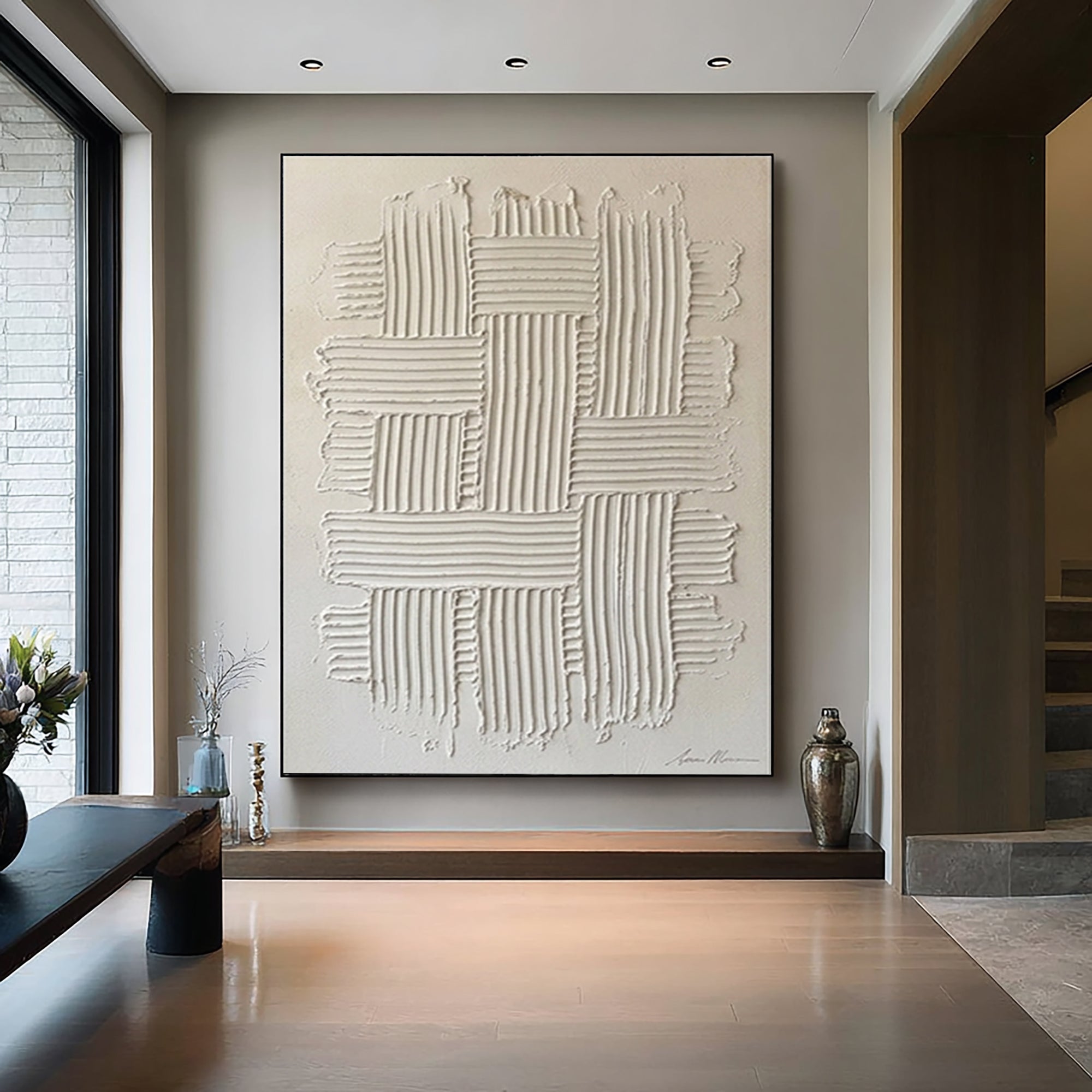 Large White Woven Texture Wall Art Minimalist Relief Canvas Painting