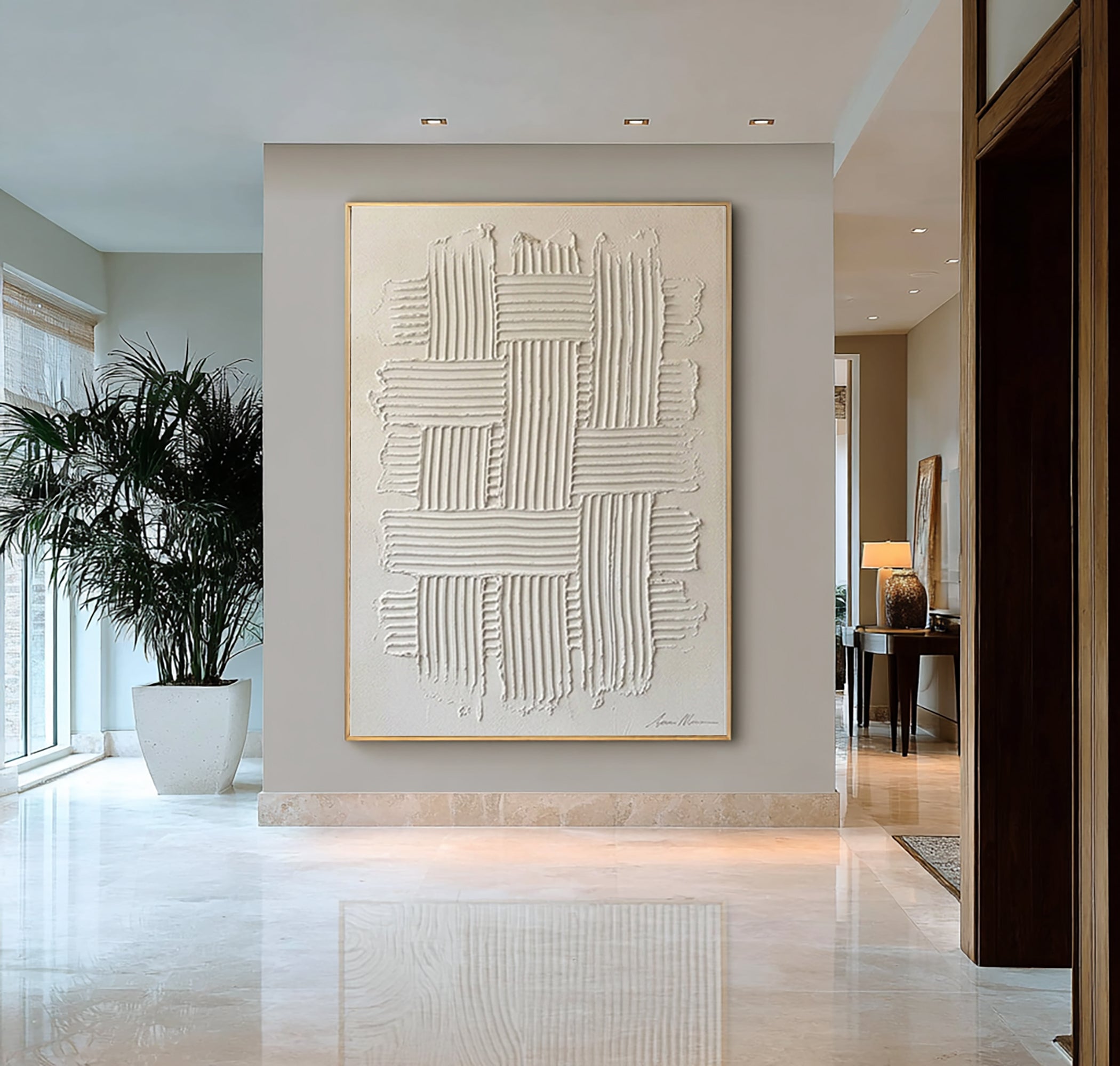 Large White Woven Texture Wall Art Minimalist Relief Canvas Painting