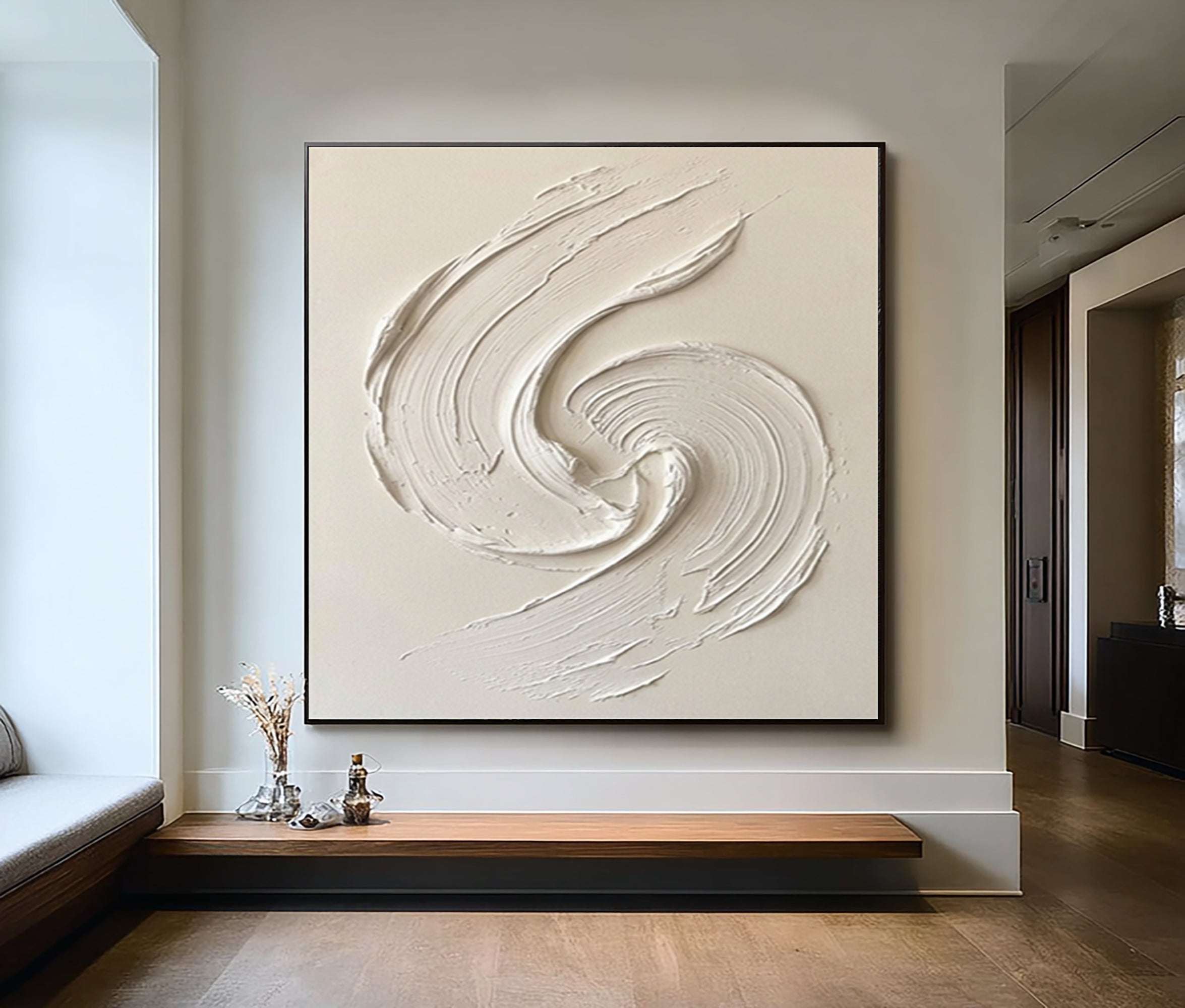 Large White Textured Spiral Wall Art Hand Painted Modern Canvas