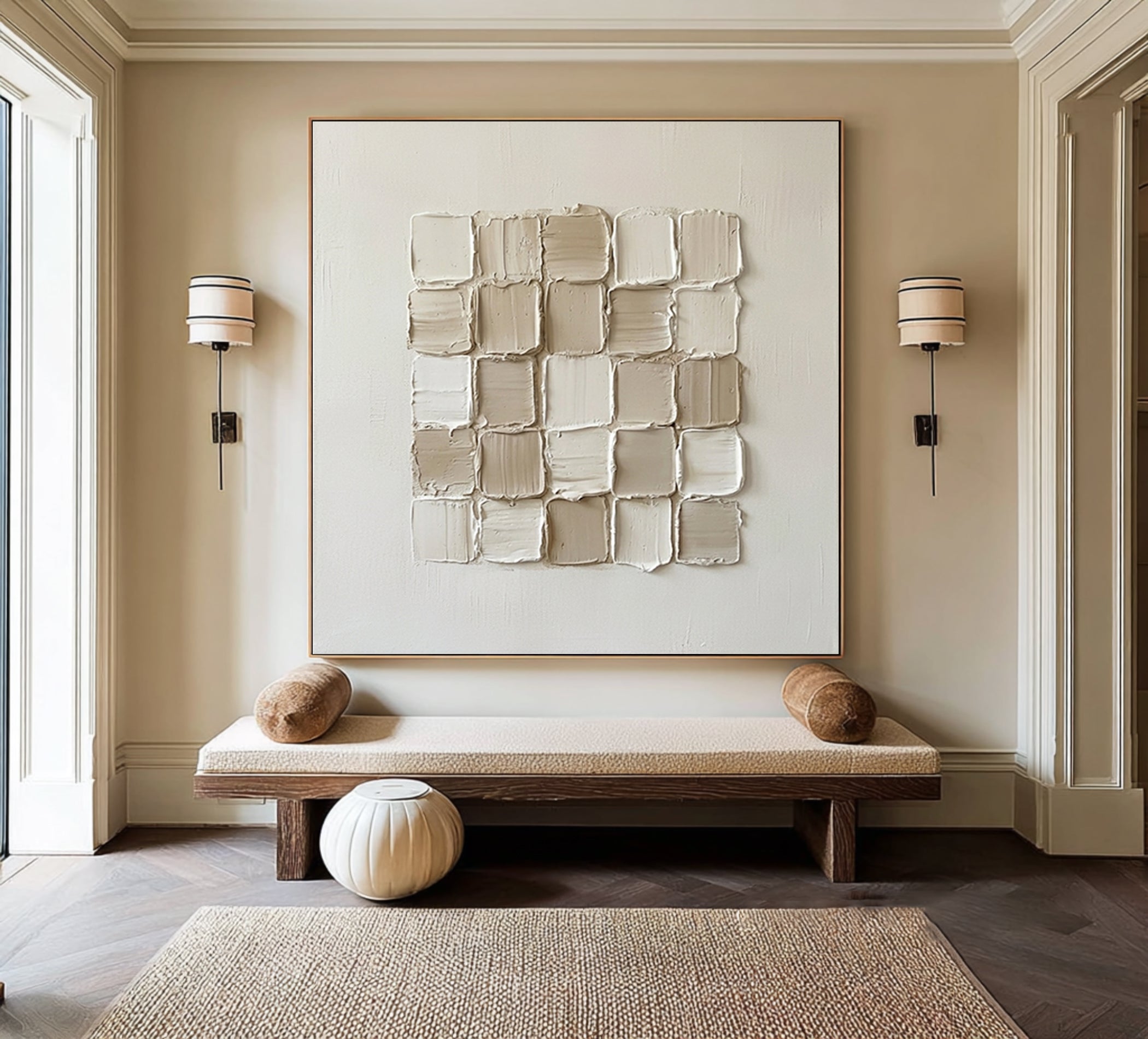 Large Ivory Grid Relief Wall Art Neutral Geometric Textured Painting