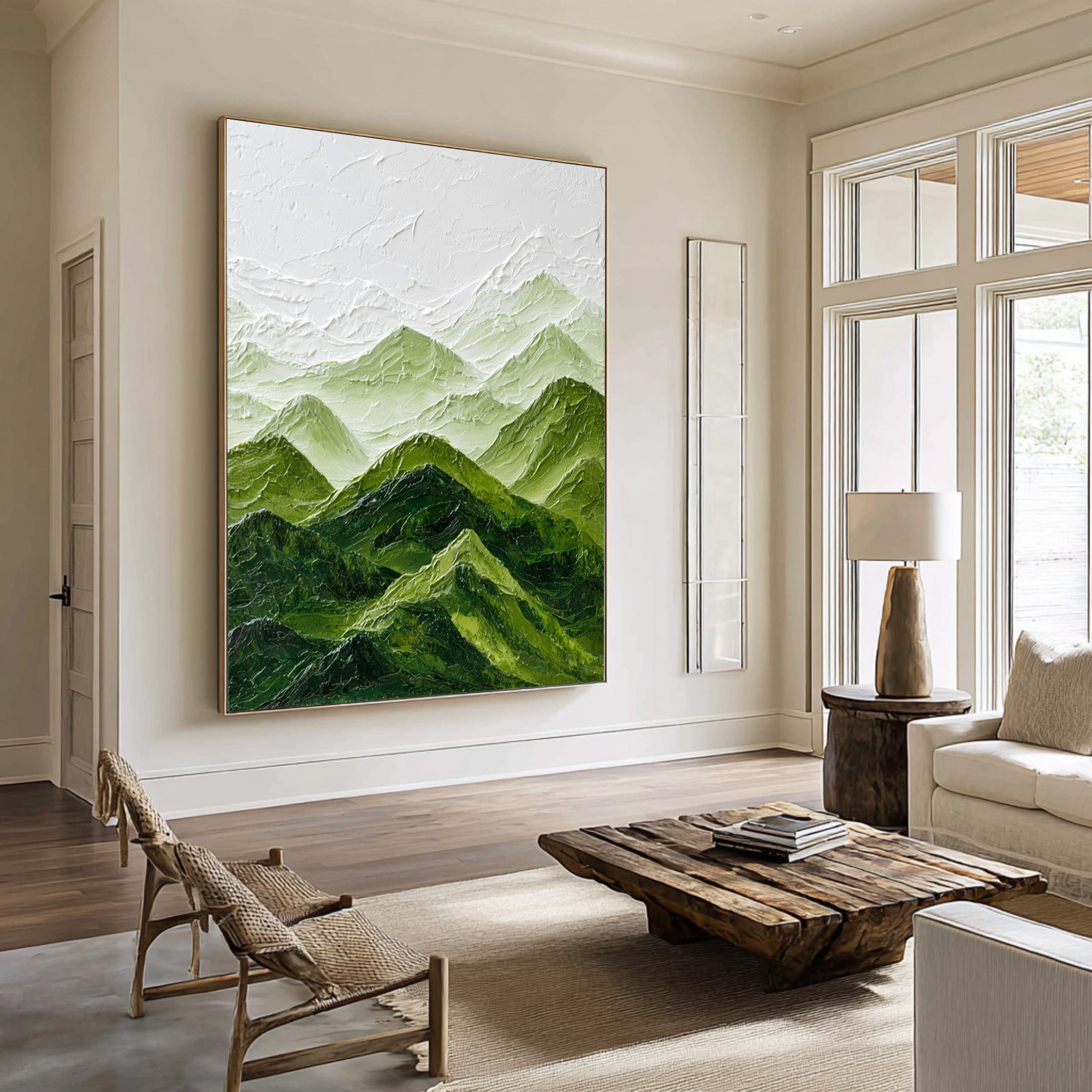 Large Abstract Oil Painting Mountain Landscape, Green Calm Wall Art for Home Decor | ArtvistaGallery #WGA 006