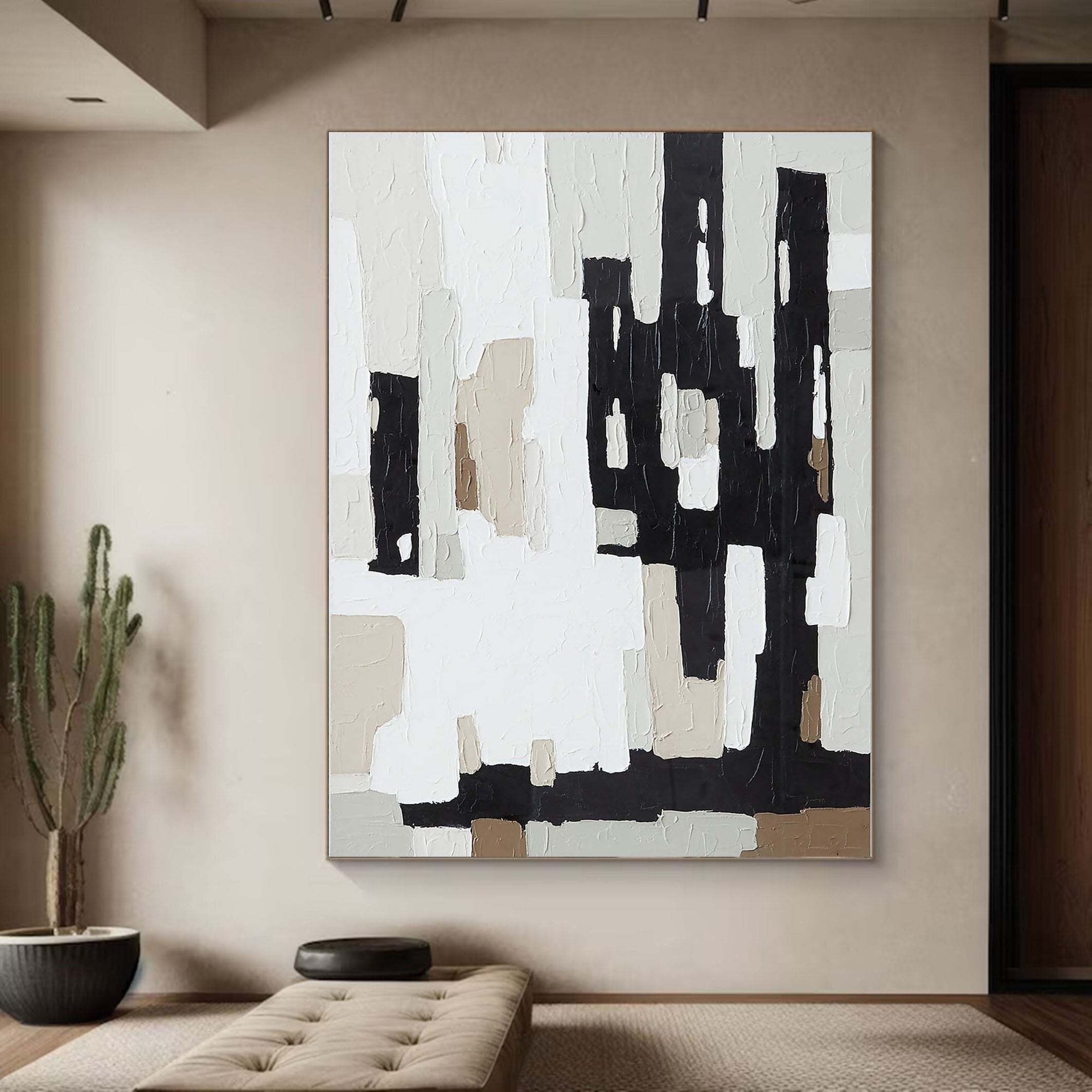 Abstract Geometric Painting With Black, White And Beige #BGA 039