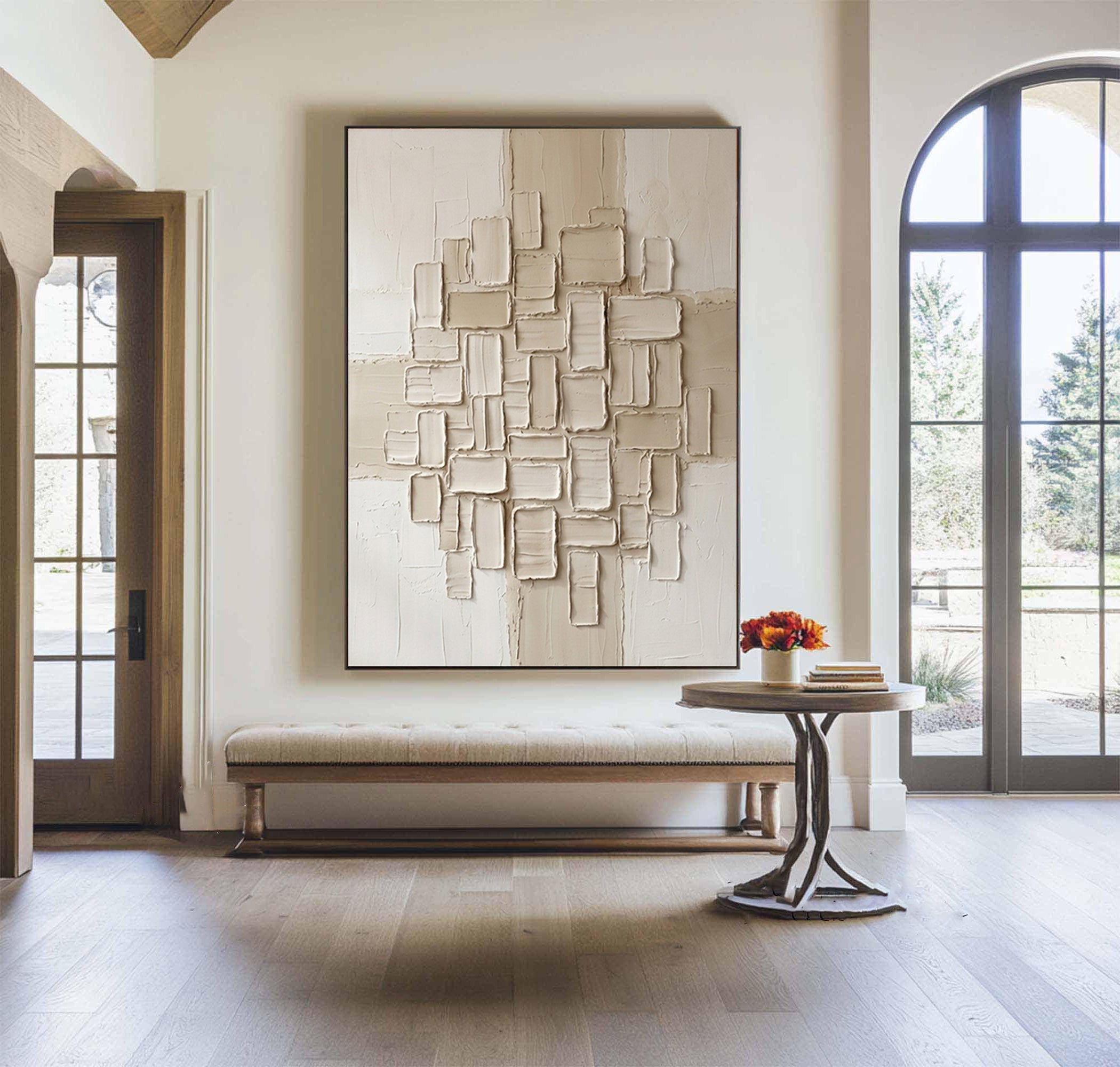 Large Contemporary Beige Texture Canvas Art with Sculptural Relief Design