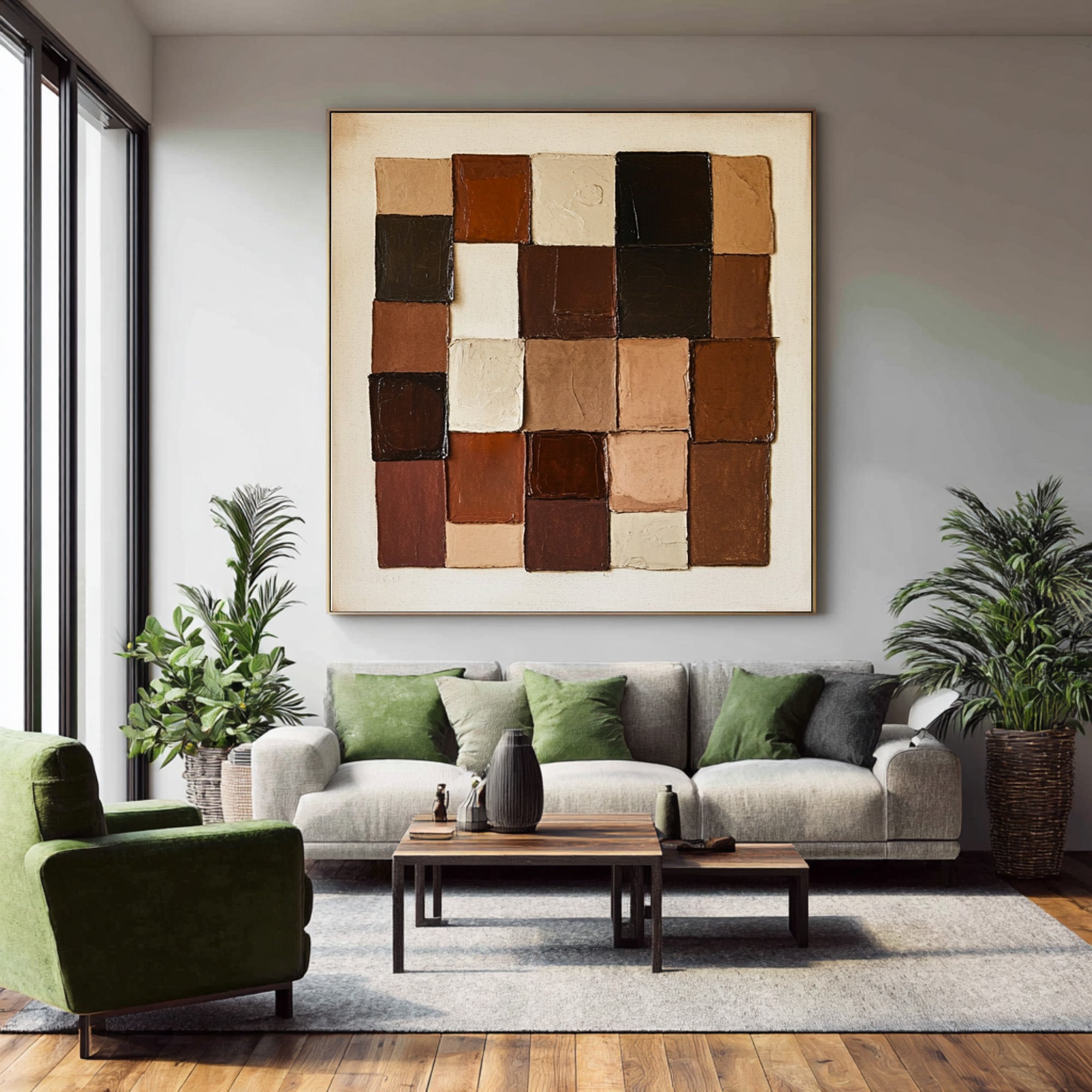 Large Abstract Oil Painting Geometric Blocks, Earth Tone Wall Art for Entryway Decor | ArtvistaGallery #WGA 010