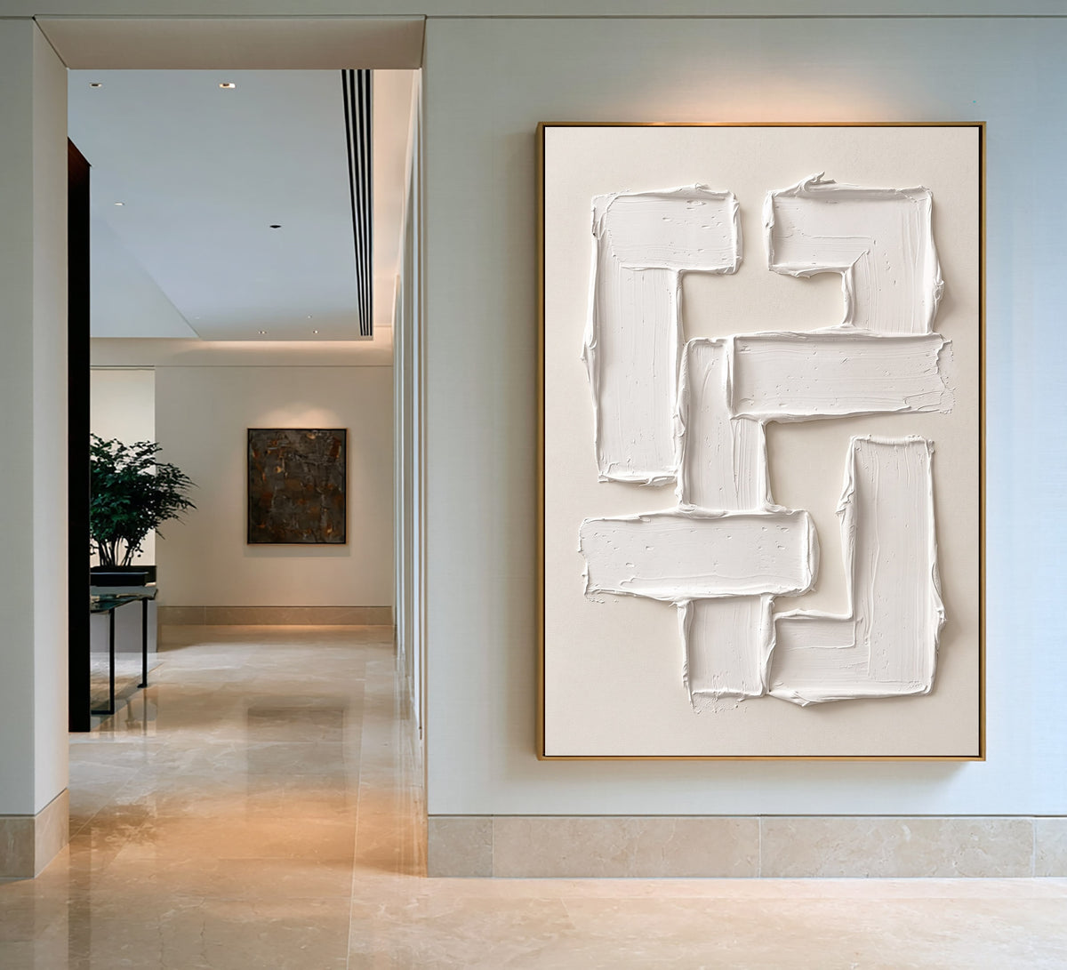 Large Modern Geometric Impasto Relief Wall Art Ivory Cream Abstract Oil Painting Thick Textured Rectangles Sculptural Minimalist Contemporary Living Room Decor