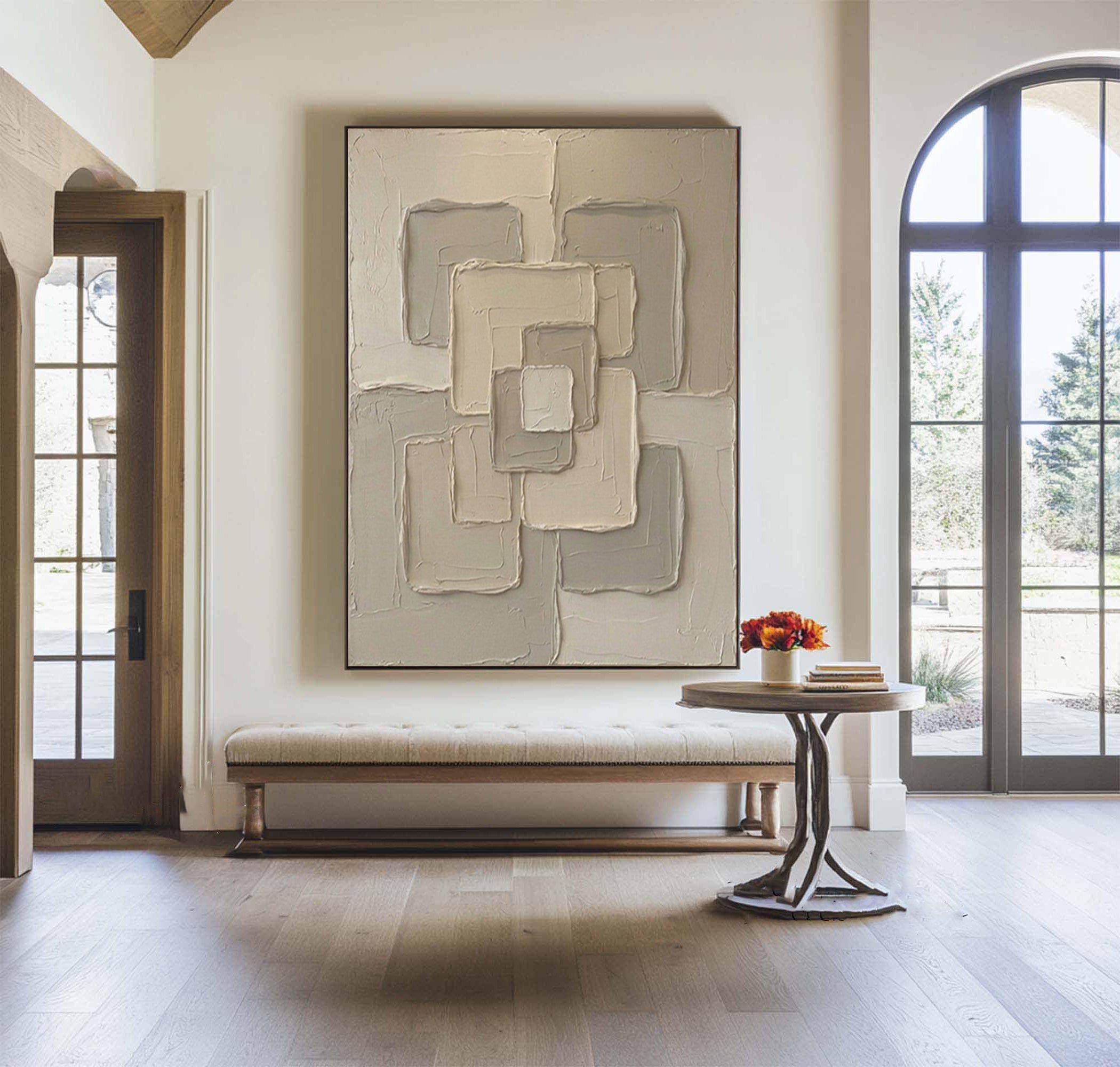 Large Neutral Interlocking Geometric Wall Art Textured Abstract Canvas