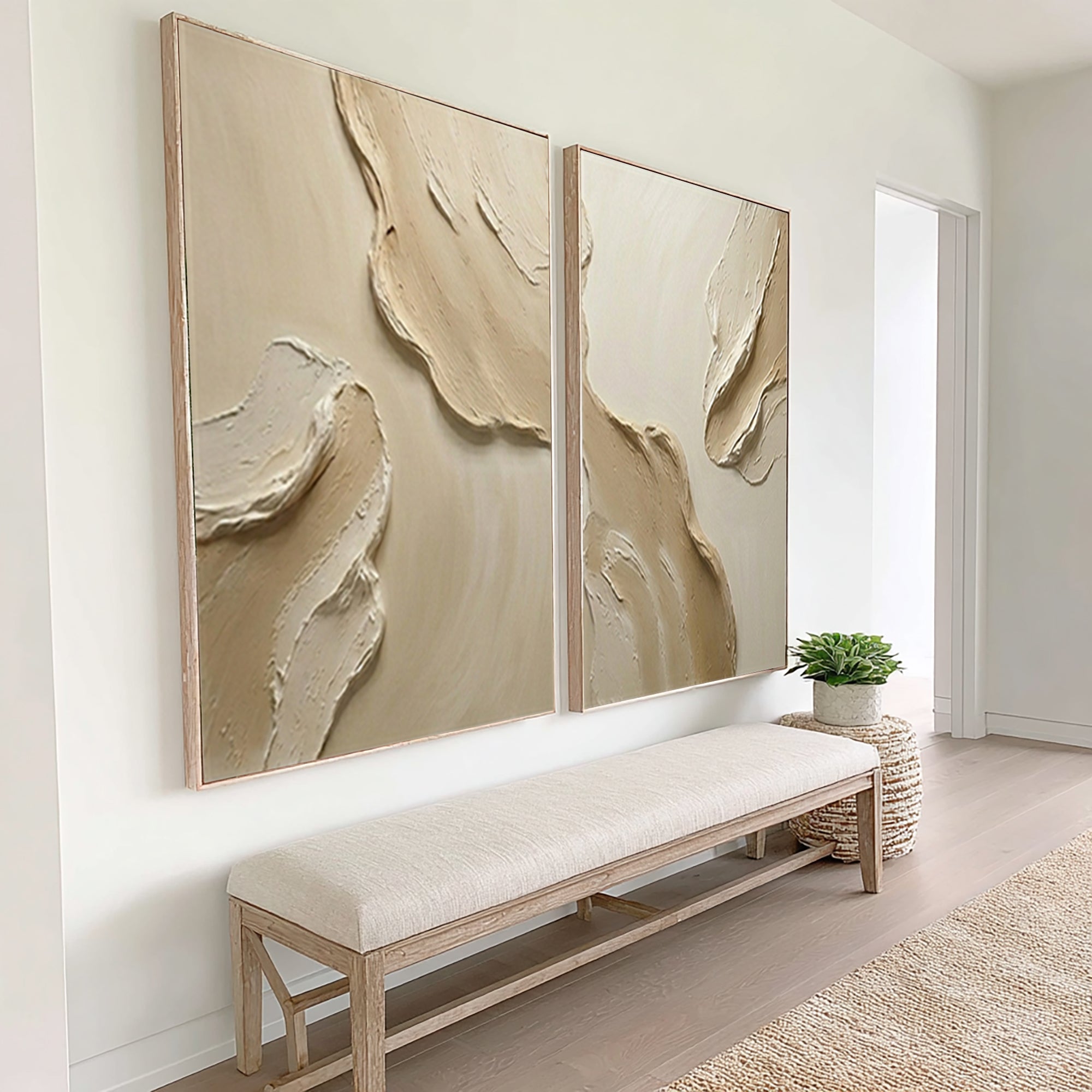 Large Neutral Textured Diptych Wall Art Beige Abstract Canvas Set