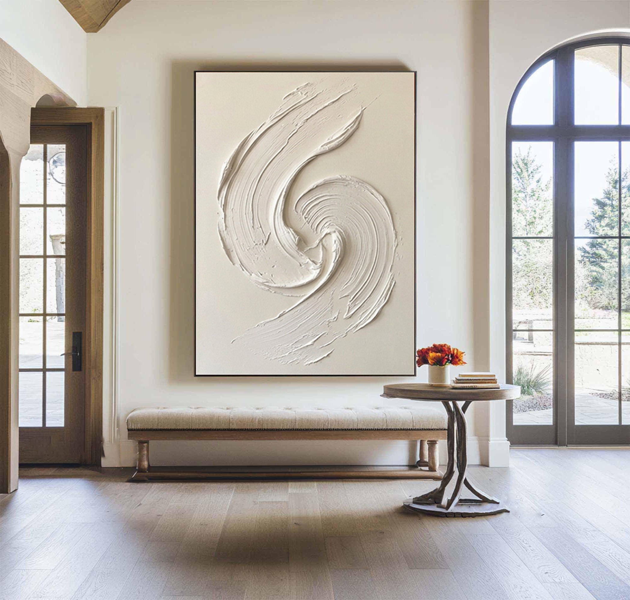 Large Contemporary White Texture Painting Dynamic Palette Knife Art