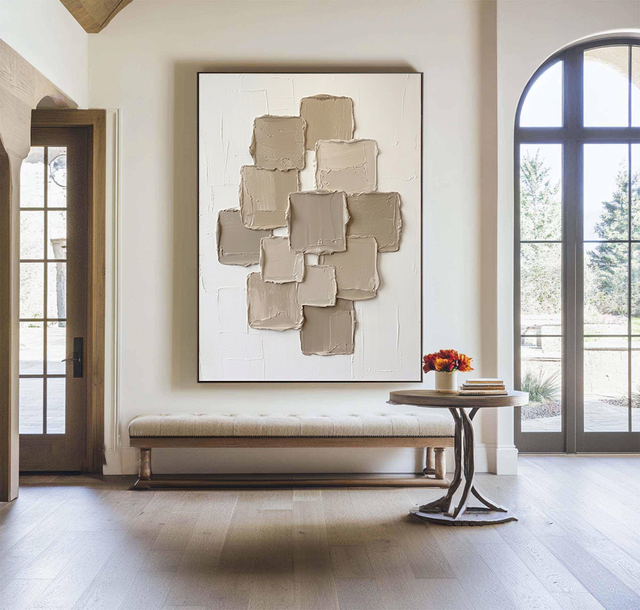 Large Stacked Cubes Textured Canvas Art Contemporary Neutral Wall Decor