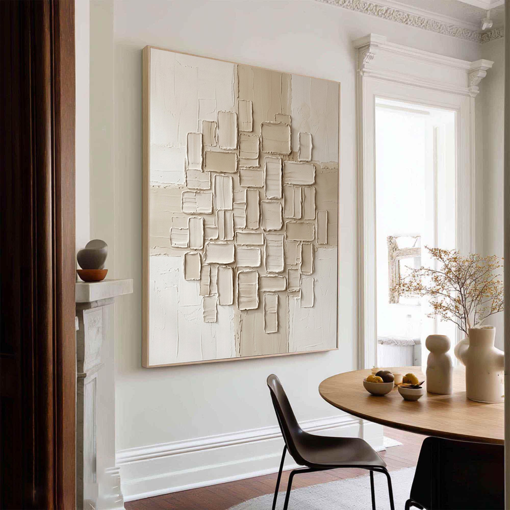 Large Contemporary Beige Texture Canvas Art with Sculptural Relief Design
