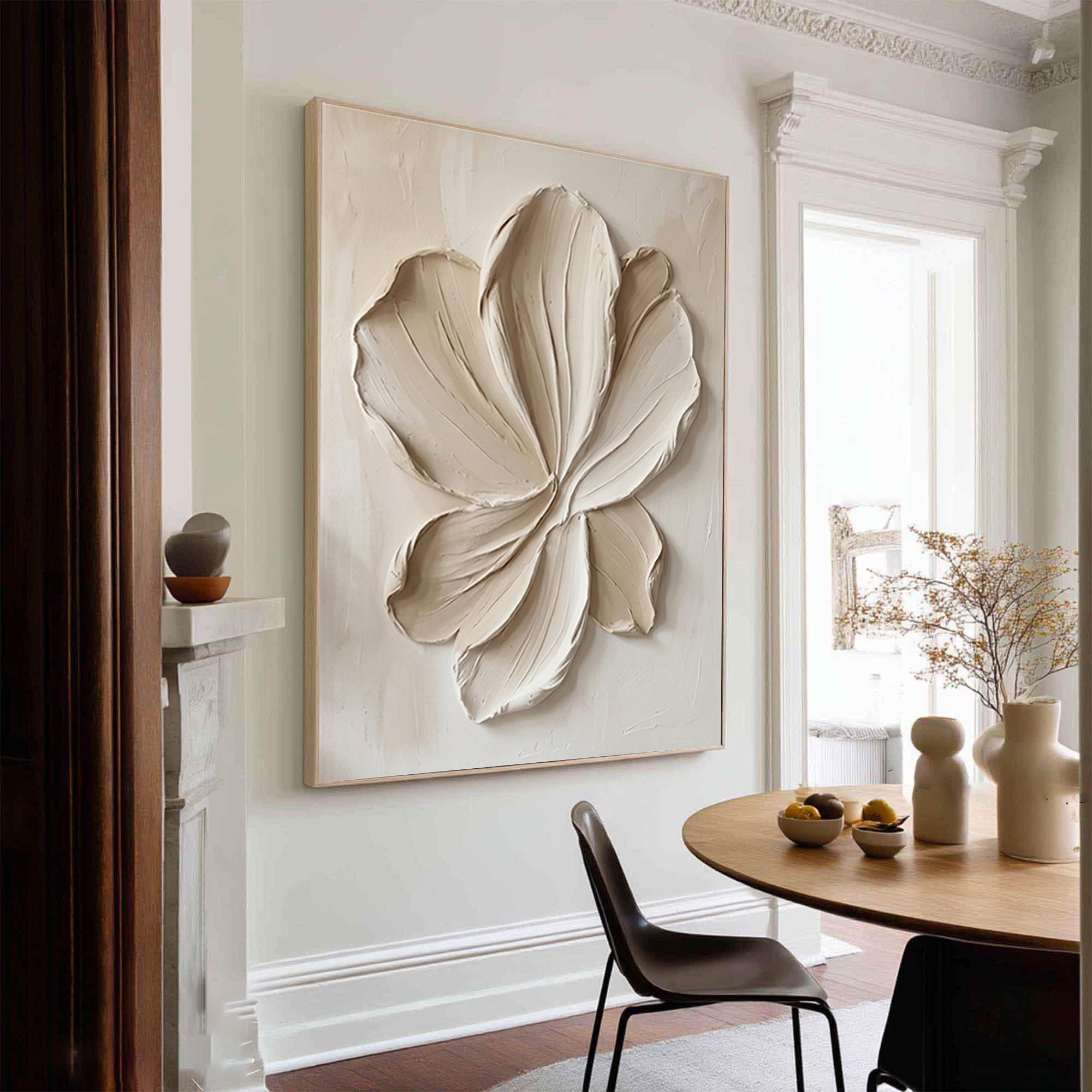 Large Neutral Floral Textured Canvas Art Modern Sculptural Petal Wall Decor