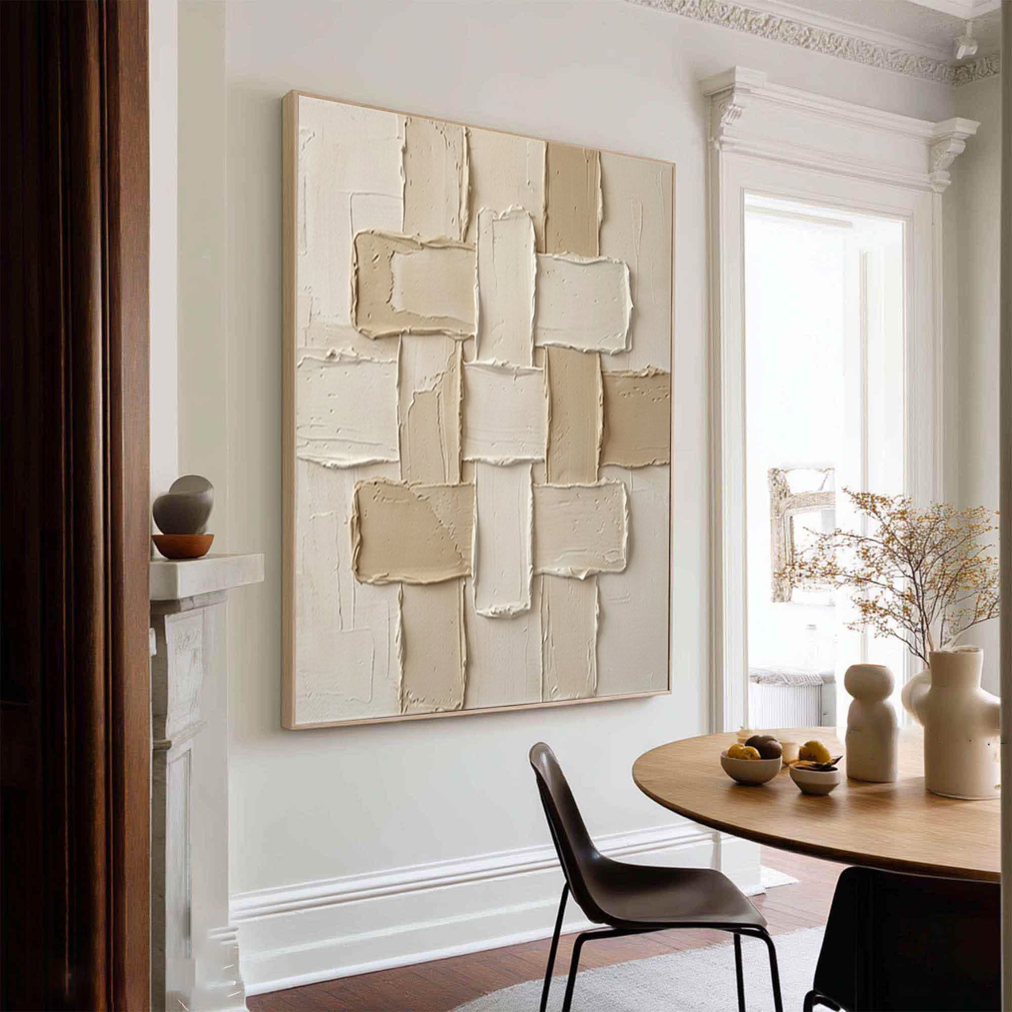 Large Neutral Interlocking Textured Canvas Art Modern Geometric Wall Decor