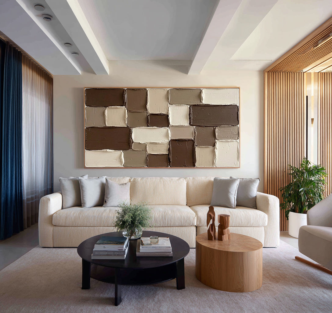 Large Geometric Textured Canvas Art Neutral Brown Abstract Painting | ArtvistaGallery