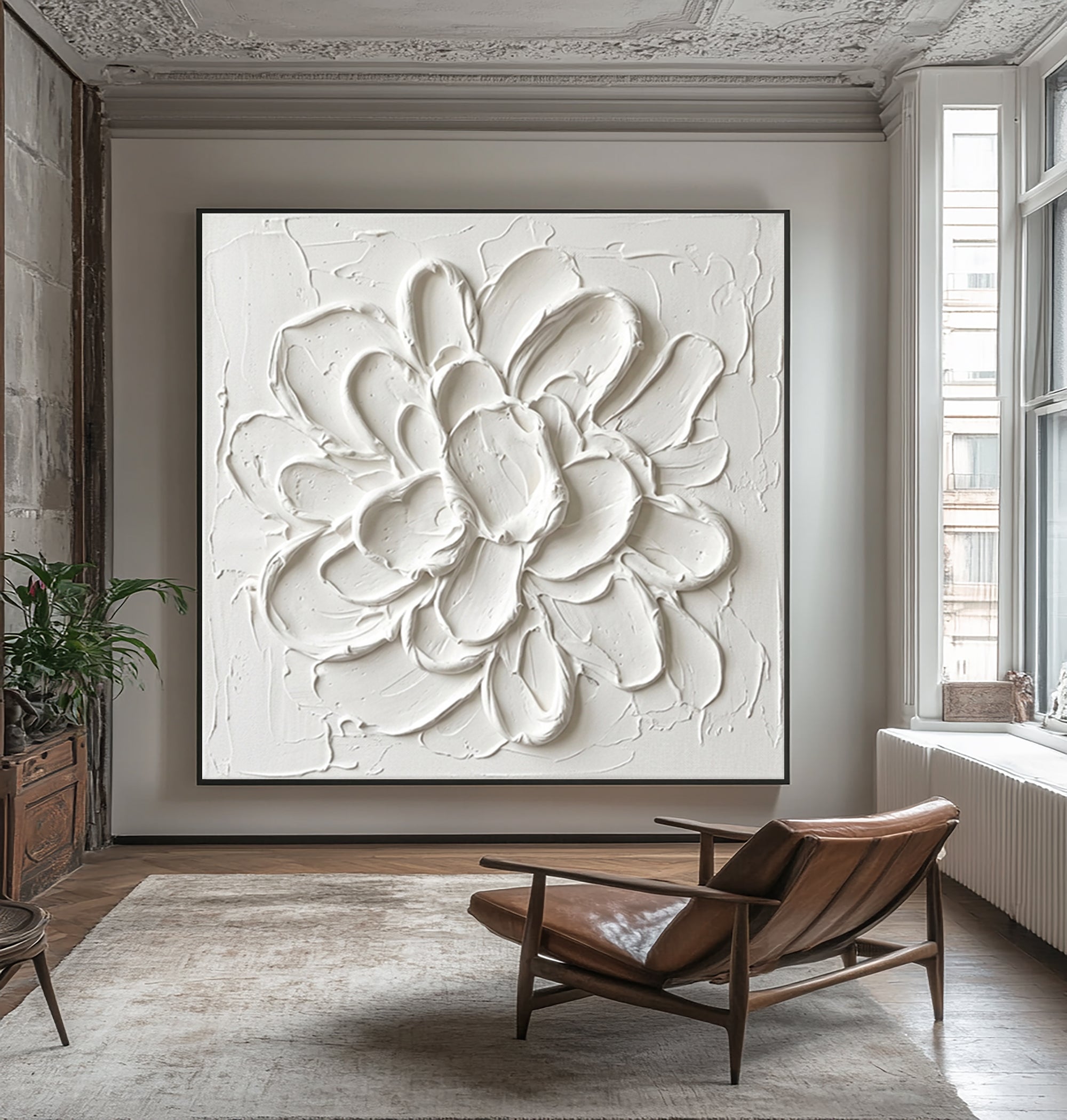 Large Blooming Relief Texture Canvas Art Contemporary Neutral Wall Decor
