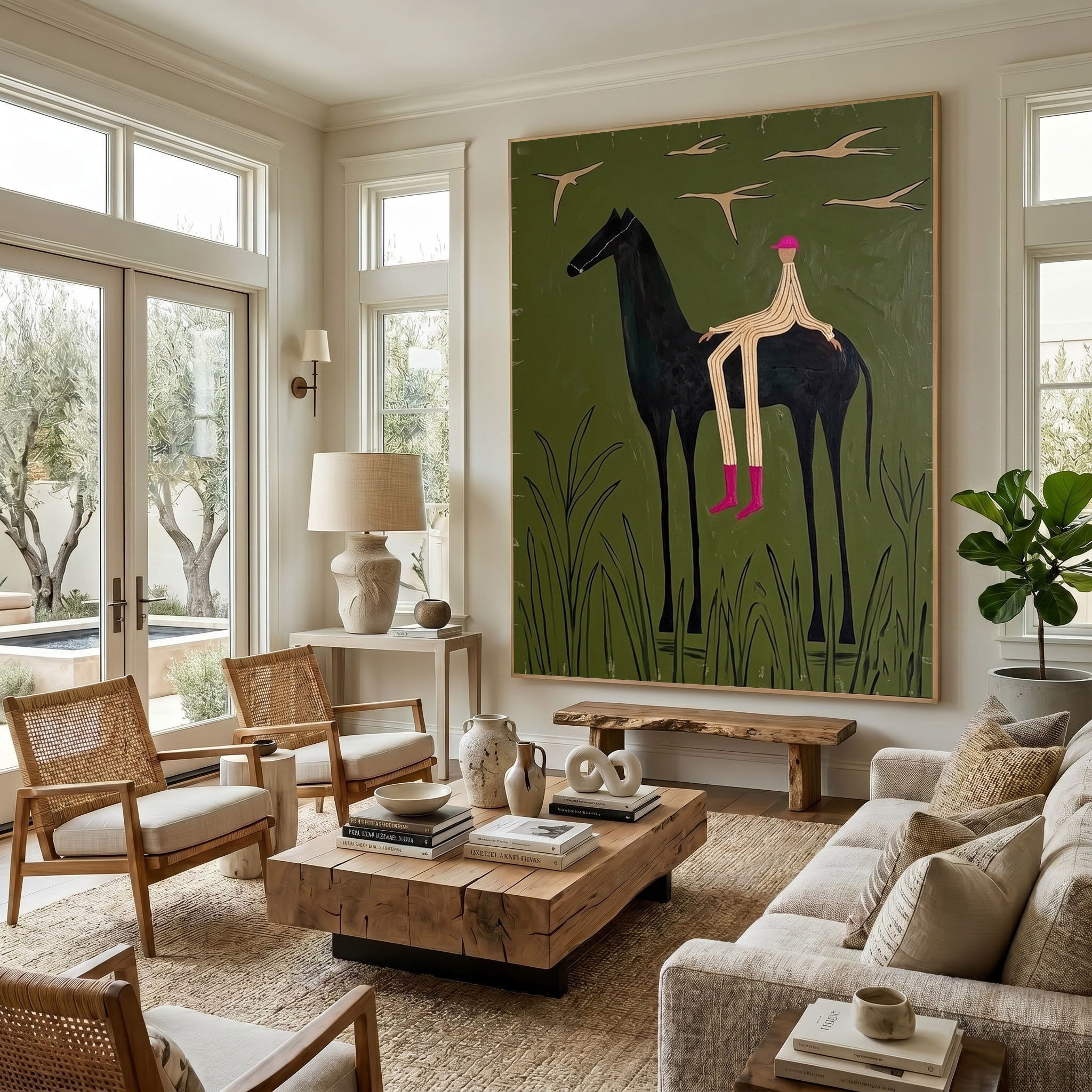 Large Cowboy Horse Wall Art Contemporary Western Green Painting