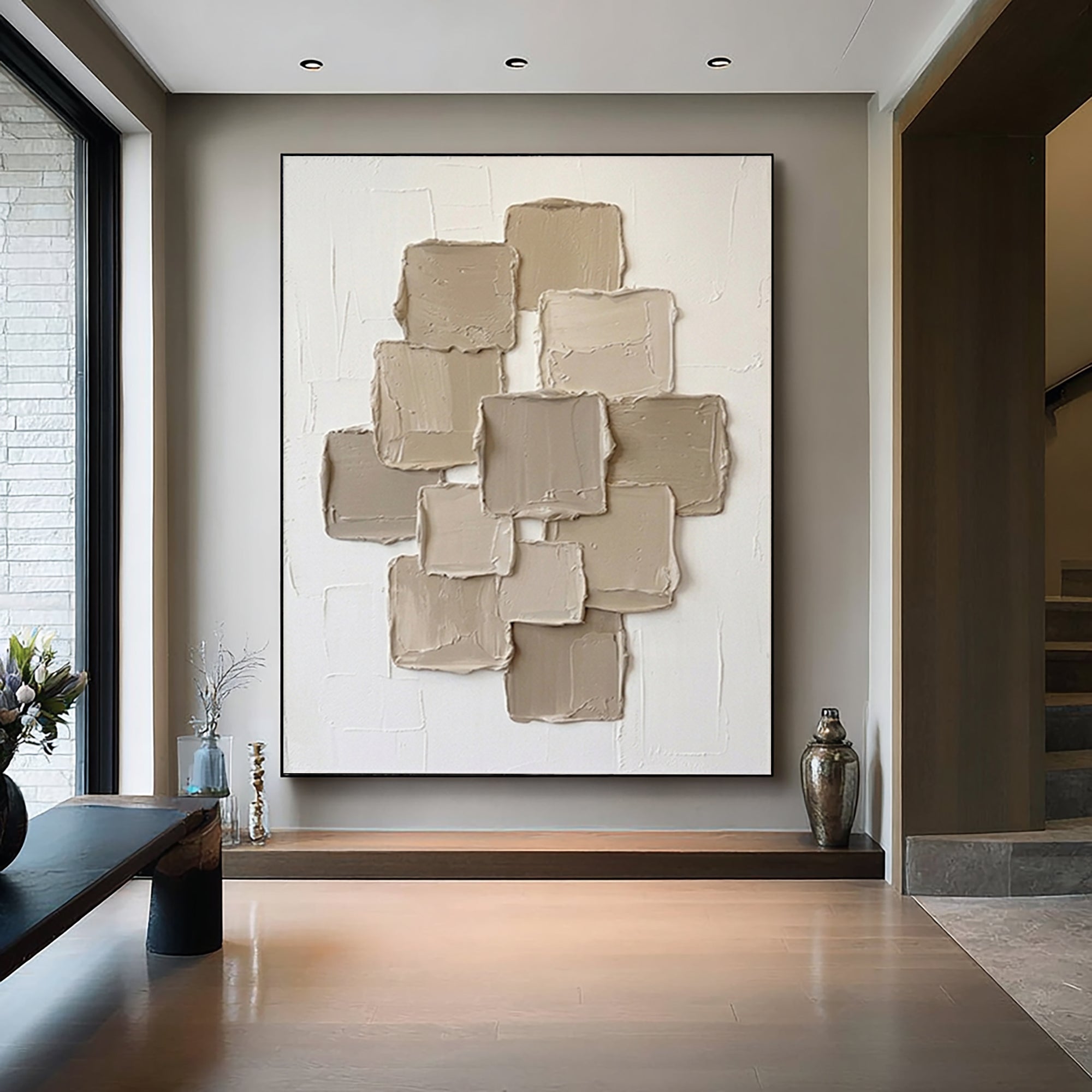 Large Stacked Cubes Textured Canvas Art Contemporary Neutral Wall Decor