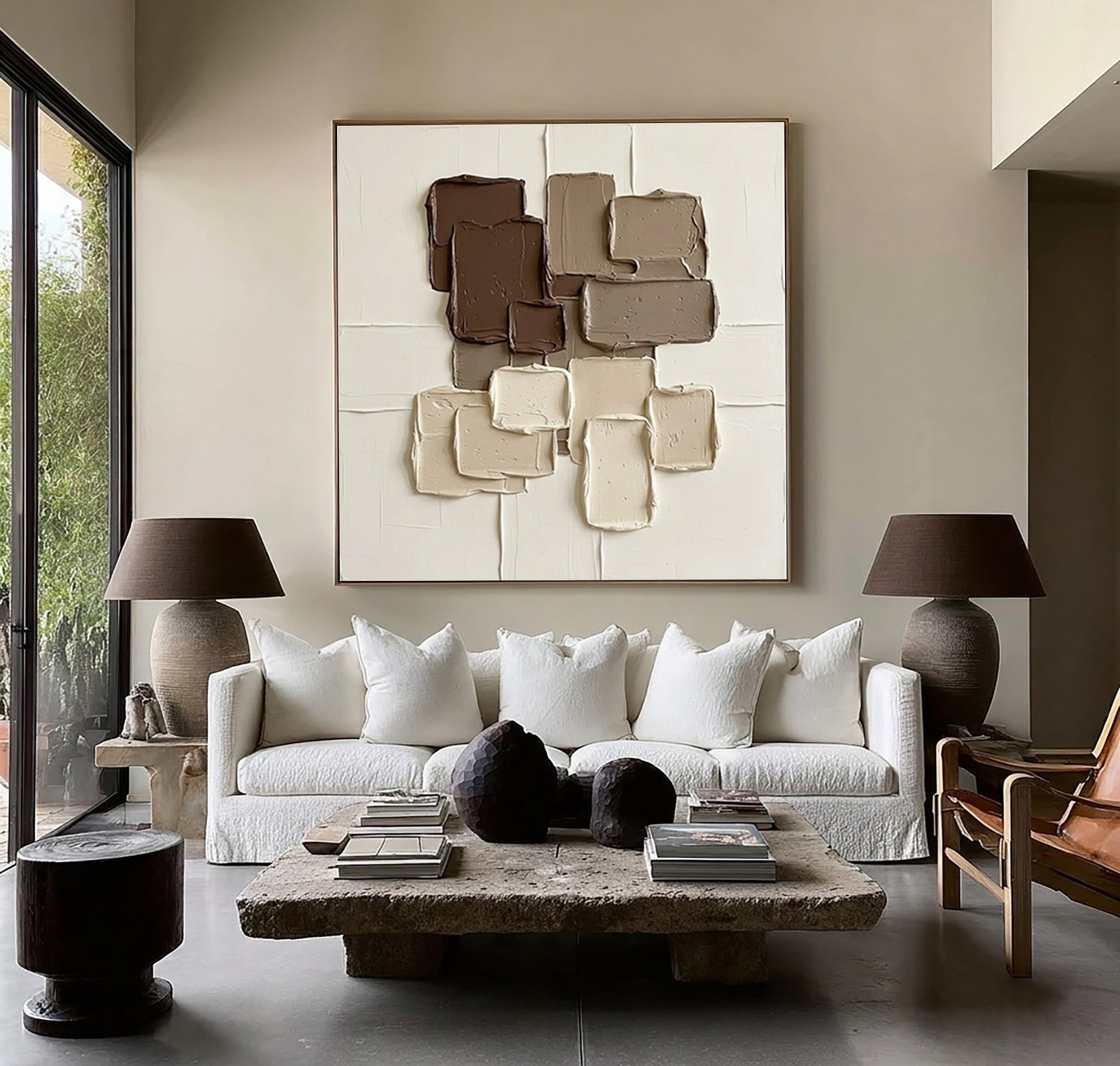 Large Earth Tone Relief Wall Art Neutral Brown Textured Painting