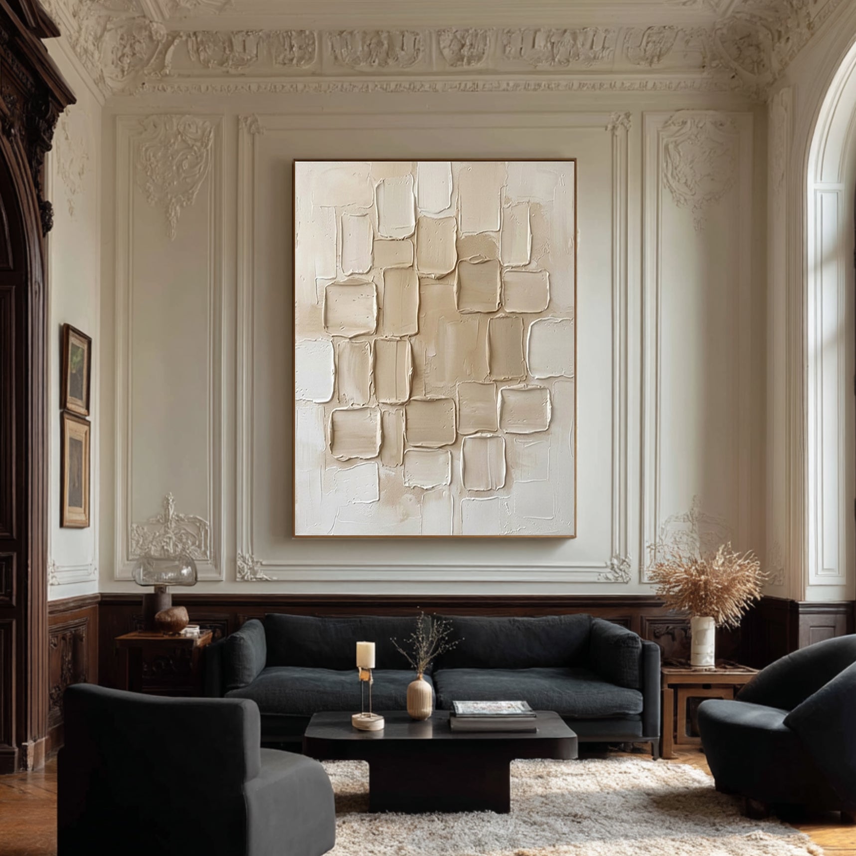Large Cream Geometric Textured Wall Art Modern Neutral Canvas Decor