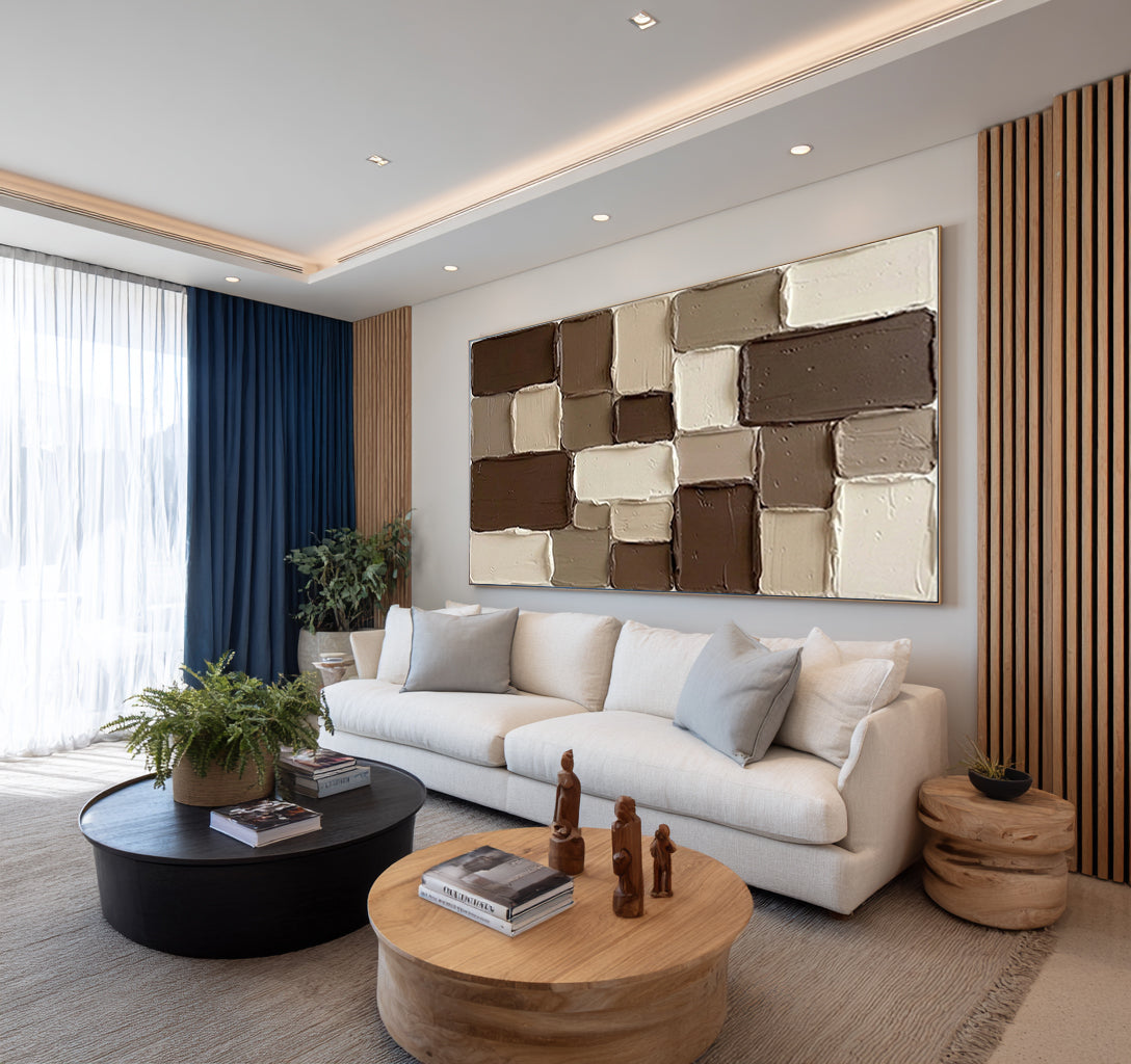 Large Geometric Textured Canvas Art Neutral Brown Abstract Painting | ArtvistaGallery