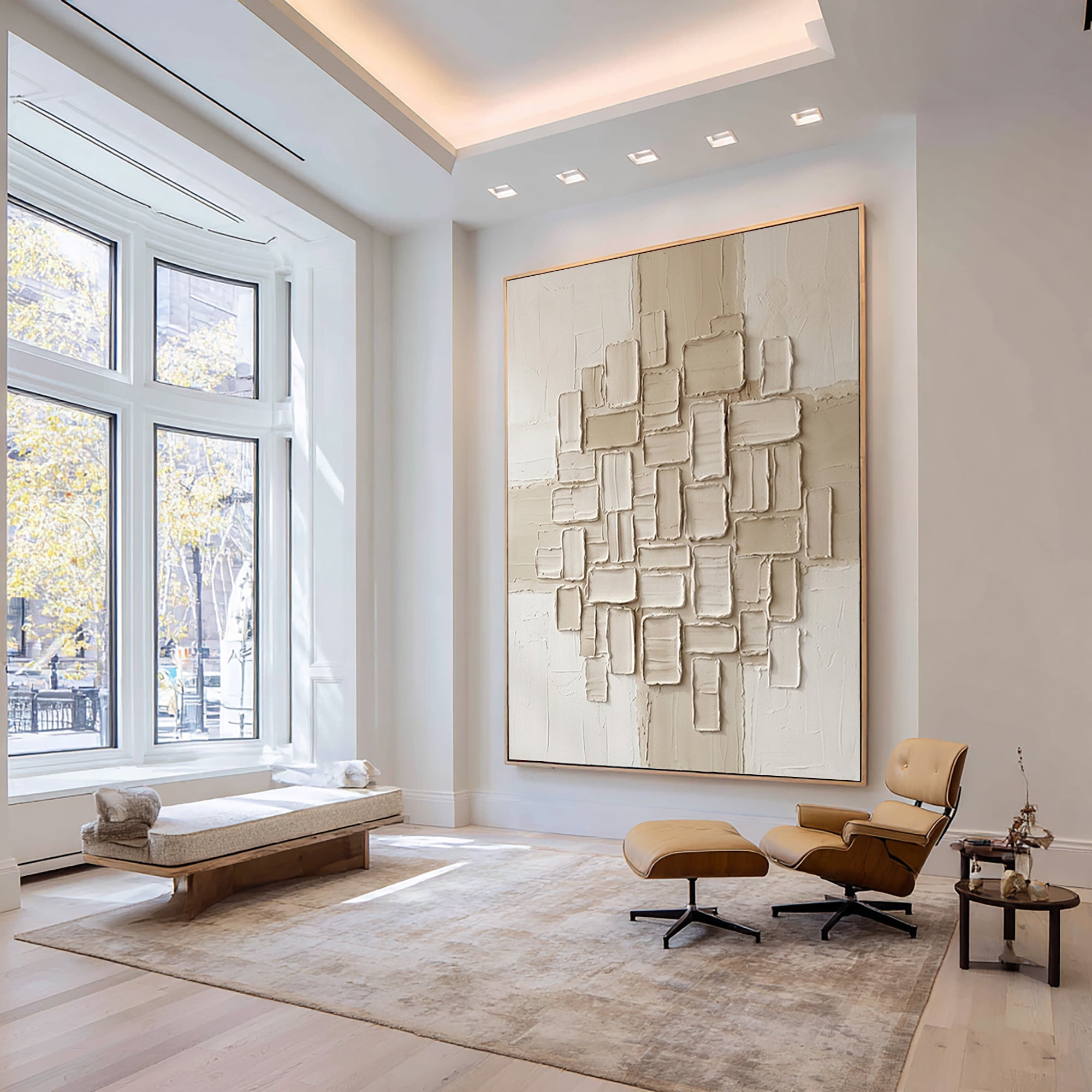 Large Contemporary Beige Texture Canvas Art with Sculptural Relief Design